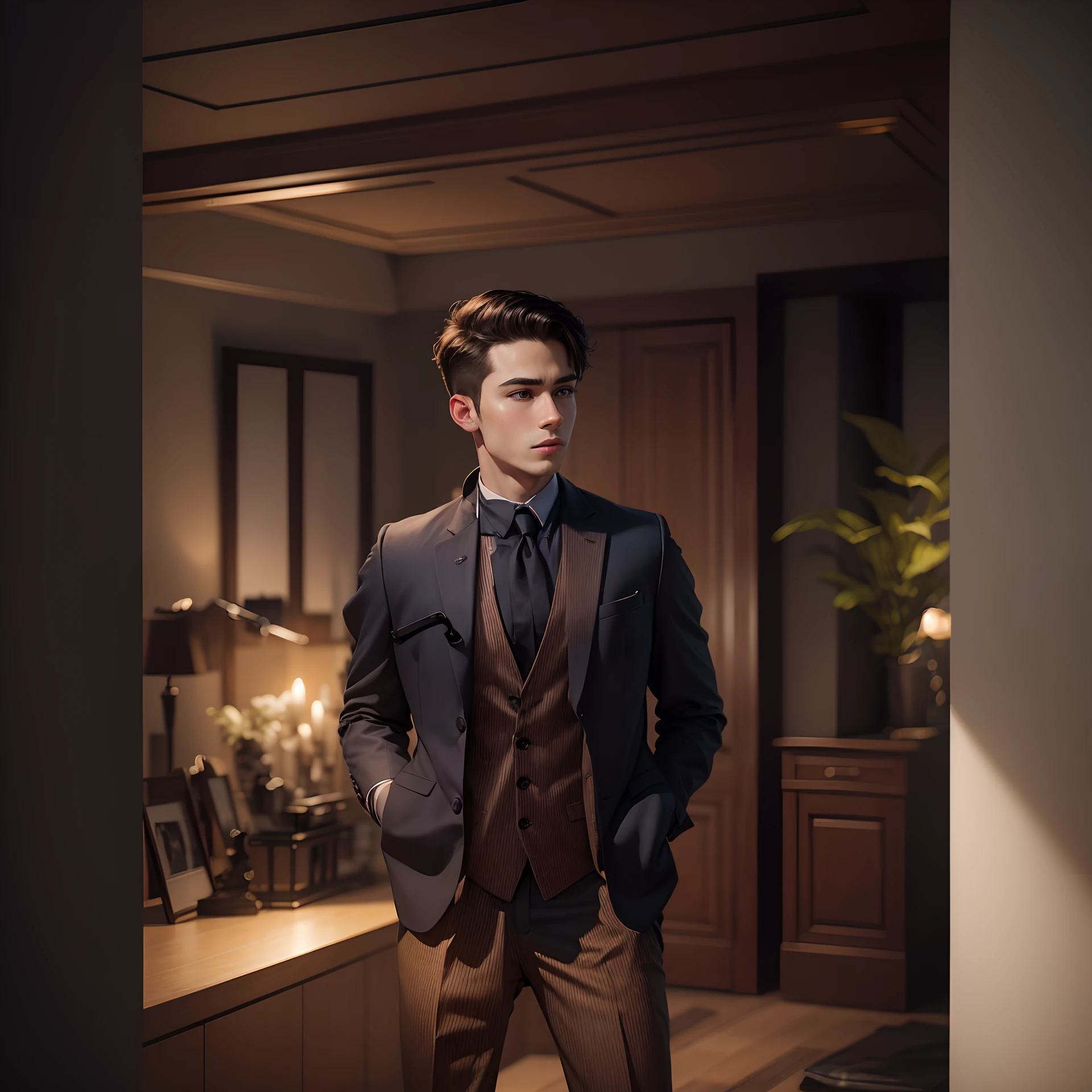 Change background, make indoor background, look real, classy boy in suit