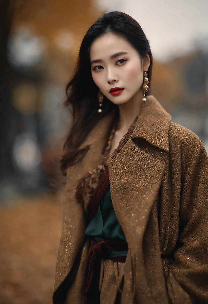 Chinese beauty、Slimed、Fashionable clothes、(Autumn clothes check coat)、A slender、Well-formed face