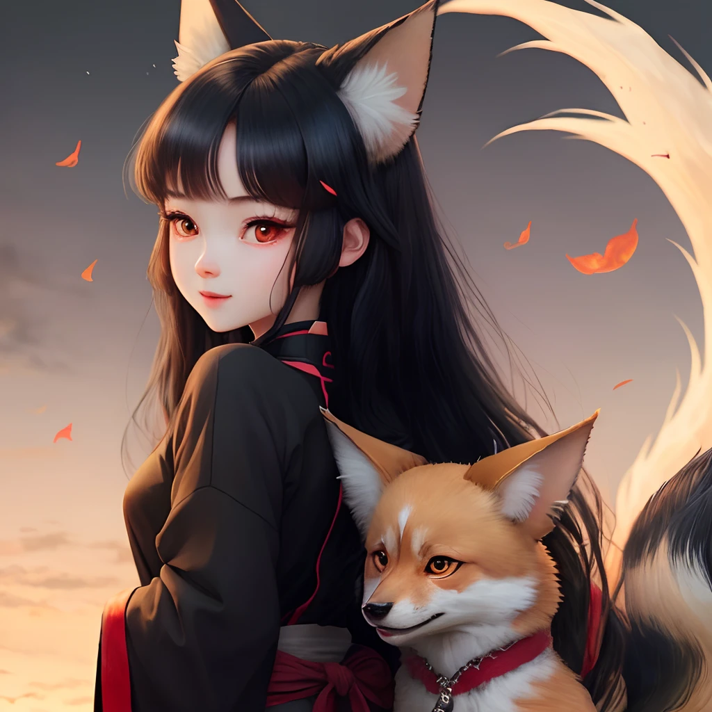 cute girl with red eyes and long black hair, have nine tails in her back, have kitsune ears, and cute expresion