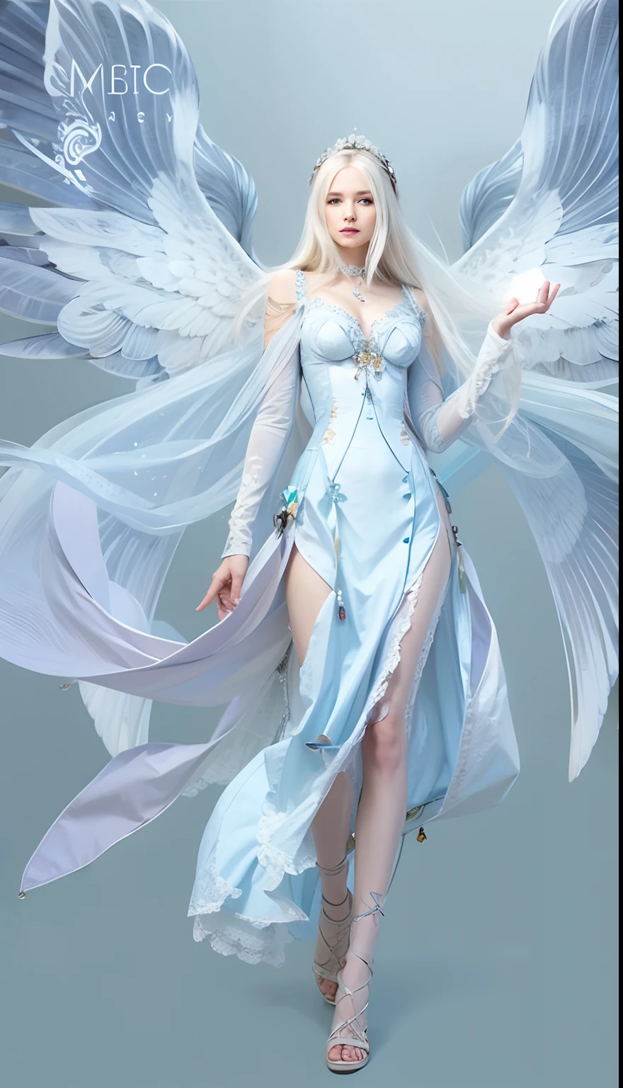 Beautiful girl with long white hair, with wings