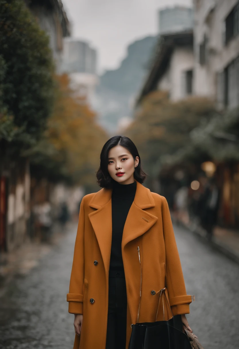 Taiwanese beauty、Slimed、Fashionable clothes、(Autumn clothes check coat)、A slender、Well-formed face