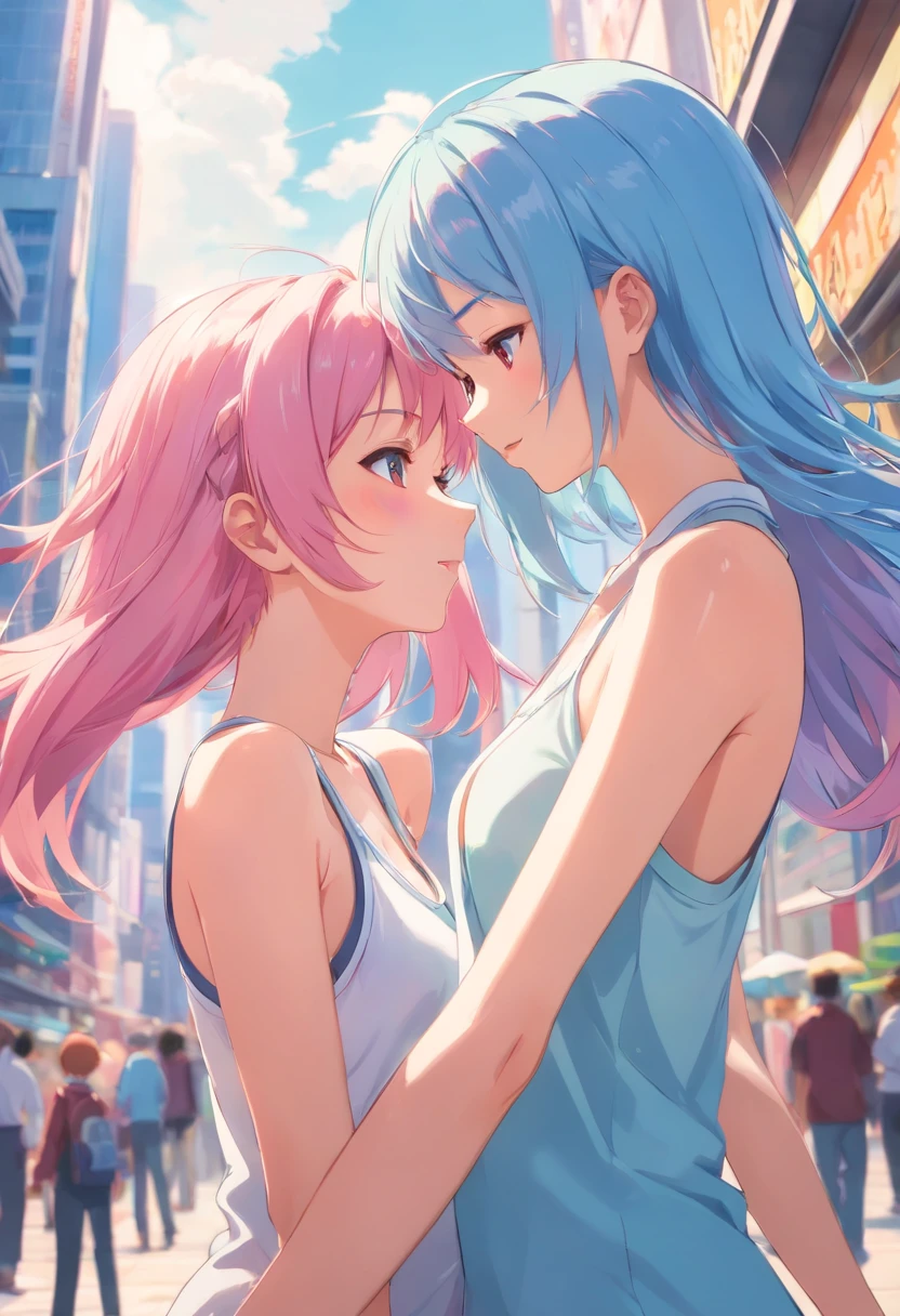 top-quality、masterpiece、8K、huge tit、2 girls in、Pink-haired girl and pale blue-haired girl、Face to face and chest together、Nipples are coming out、Mouth open and tongue sticking out、Shy and blushing cheeks、Erotic clothes、a beauty girl