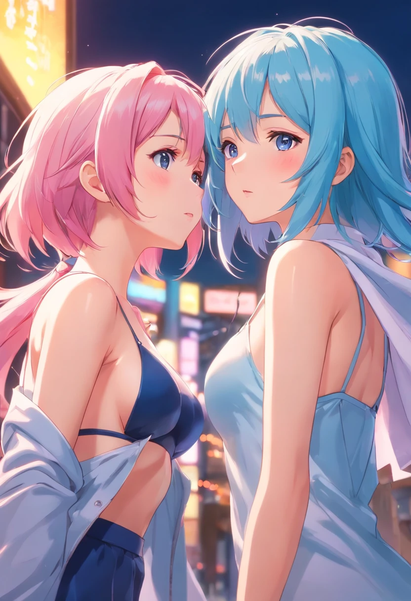 top-quality、​masterpiece、8K、huge tit、2 girls in、Pink-haired girl and pale blue-haired girl、Face to face and chest together、Nipples are coming out、Mouth open and tongue sticking out、Shy and blushing cheeks、Erotic clothes、a beauty girl