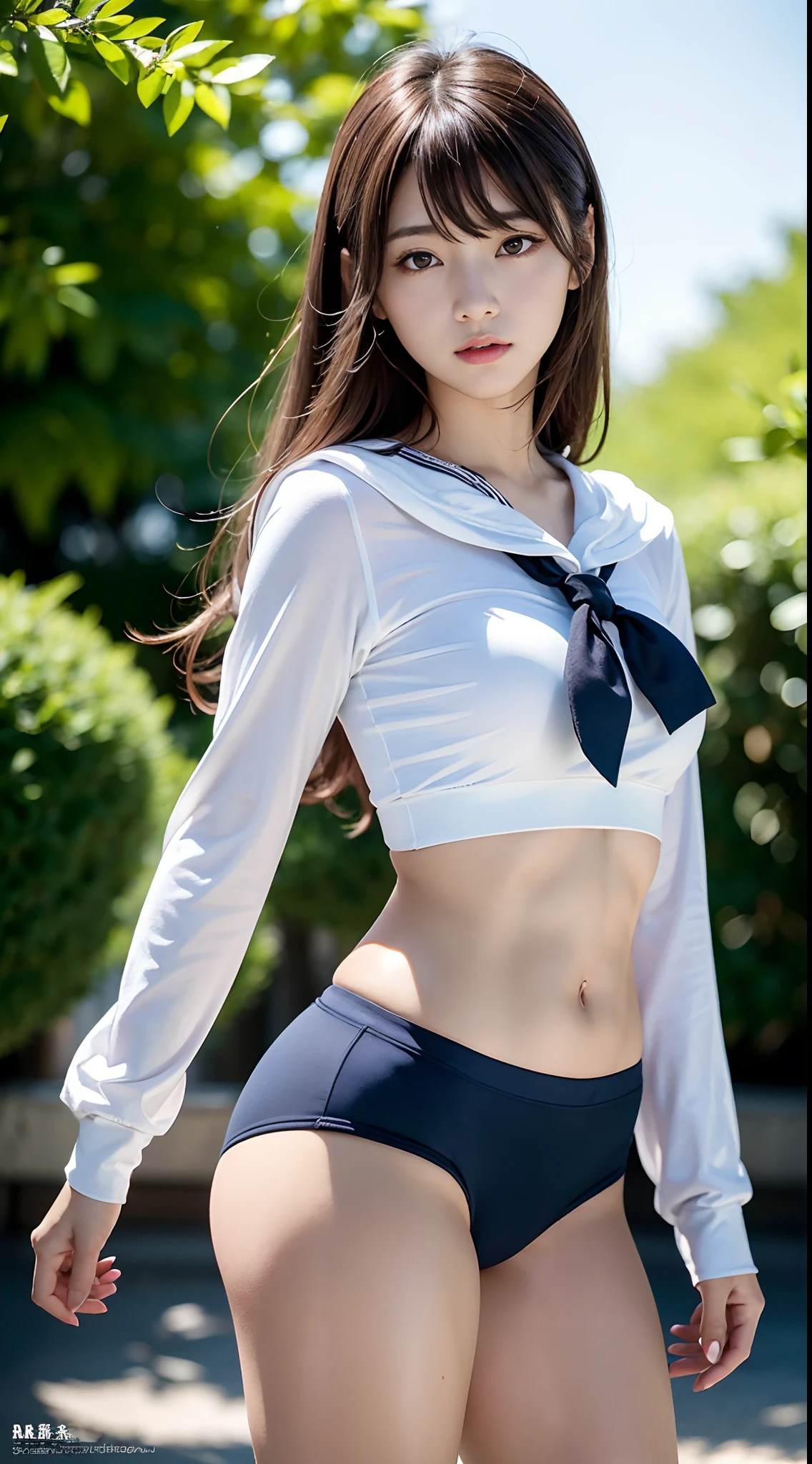 (​masterpiece:1.3), (8K, Photorealsitic, Raw photography, Top image quality: 1.4), japanes, (1girl in), beauitful face, (Lifelike face), Beautiful hairstyle, realisticeyes, Eyes in Beautiful Details, (real looking skin), Beautiful skins, enticing, 超A high resolution, A hyper-realistic, high detailing, the golden ratio, (Detal Face:1.2), see the beholder,masutepiece, Best Quality, Ultra-detailed, finely detail, hight resolution, Composition of the whole body、Open Legs Pose、Bold legs open、Beautiful detailed eyes, fitness wear, Natural Color Lip,Photorealsitic、realisitic、独奏、Photorealsitic、top-quality、extra detailed face、extremely detailed eye and face、beatiful detailed eyes、absurderes、incredibly absurdness、hair messy、Floating hair、Brown hair、Wavy hairstyle、Middle hair、(extremely details CG、8K Picture Wallpaper)、(extremely delicate and beautiful)、(​masterpiece)、(top-quality:1.0)、(超A high resolution:1.0)、beautiful  lighting、perfect lightning bolt、realistic shadow、[hight resolution]、Detailed skin、ultra-detailliert、detailed faces and eyes、Realistic eyes、Sharp pupils、beauitful face、plein air、Downtown Japan、In the hustle and bustle、blurry backround、shinny skin、Blunt bangs、Red Eye、(Sailor Suit 1.2)、Sailor suits have long sleeves、Super high quality photos, The 8k quality, Outdoors, Full body composition, looking in camera, Japan 20-year-old woman, Perfect beauty, Pore-visible texture, Perfect facial features, clear bare skin, clear bare skin, Beautiful toned body, muscular, slender, Poor breasts, Toned buttocks with small breasts、small ass、 Bloomers (Bloomers in Japan School, Seamless design, Monochromatic bloomers, Bloomers are dark blue, tight fitted、Bloomers are elastic fabrics、The length of the bloomer is from the navel３ｃｍThe following degrees, )Legs wide open、、deadpan、(Face turned to the side、)