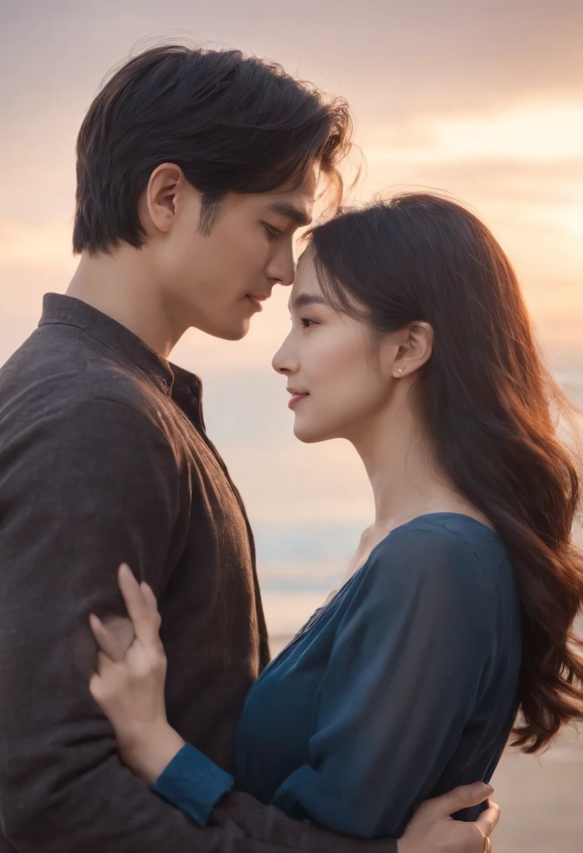 masterpiece, anime, kawaii, cute, romantic, best quality, 2others, couple, mature, adult, height difference, different fashion, different color, casual clothes, long sleeves, smile, happy, love, swirling wind, blue sky, man with long hair, man with light brown hair, woman with black hair, woman with black hair