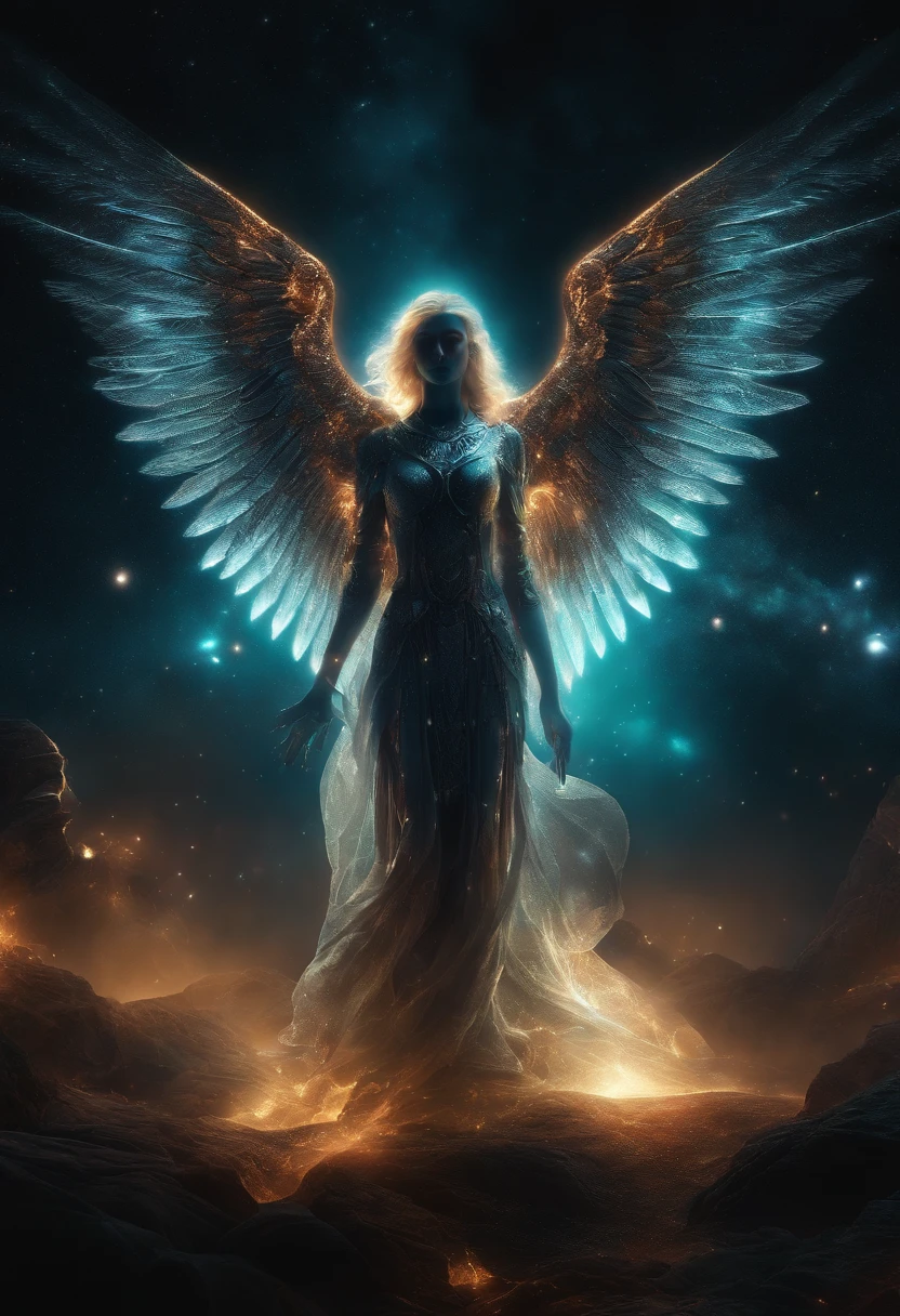Cosmic Fallen Angel, glowing light eyes, Biomechanical, eerie, Creepy, nightmarish, Very bright colors, Light particles, with light glowing, Mshiff, wallpaper art, UHD wallpaper