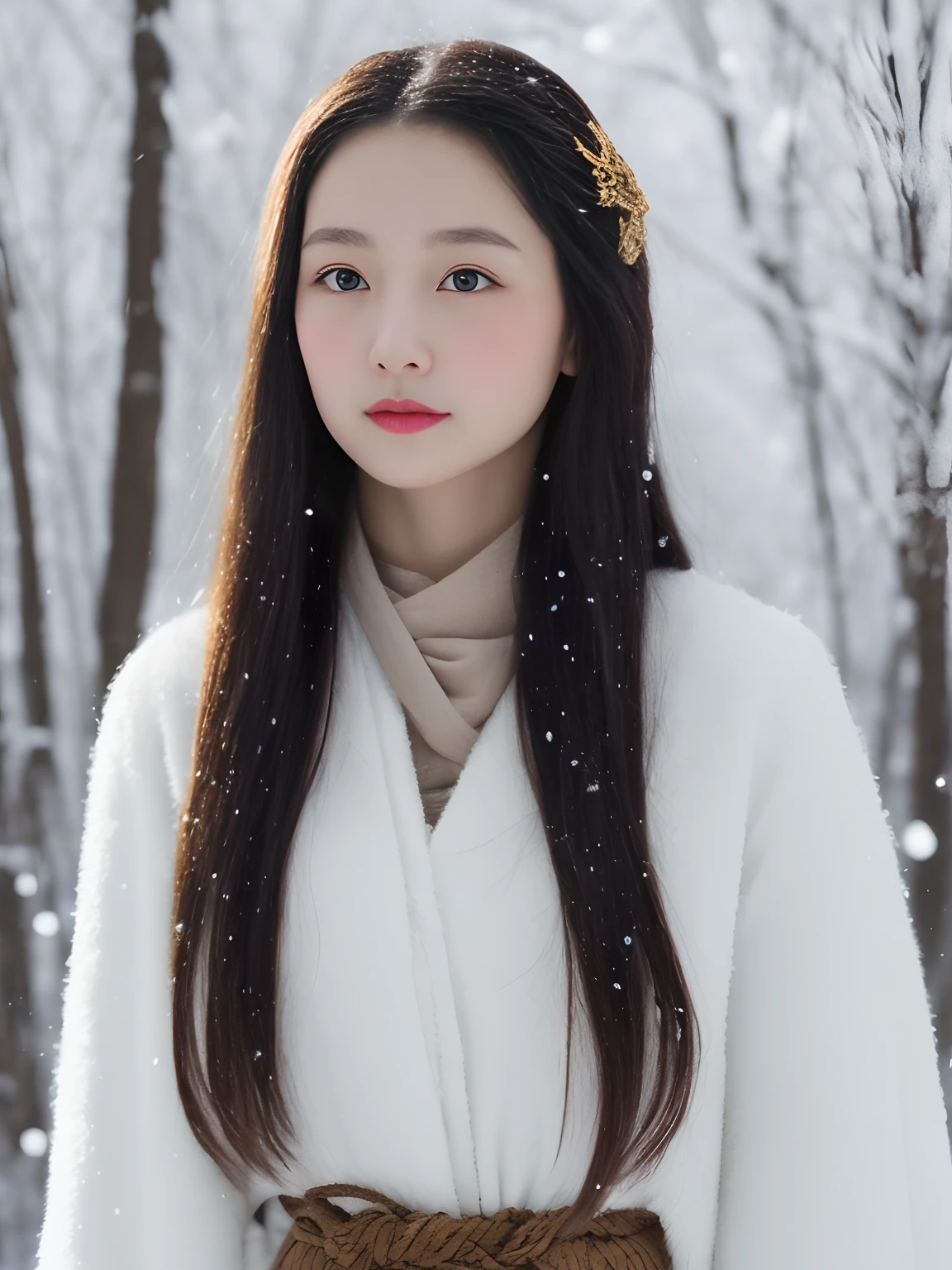 Long hair shawl，Dressed all over white，There was a gold band tied around his hair。This girl is dressed like a fairy，Skin wins snow、Beautiful；Brilliant complexion，Unpressed。