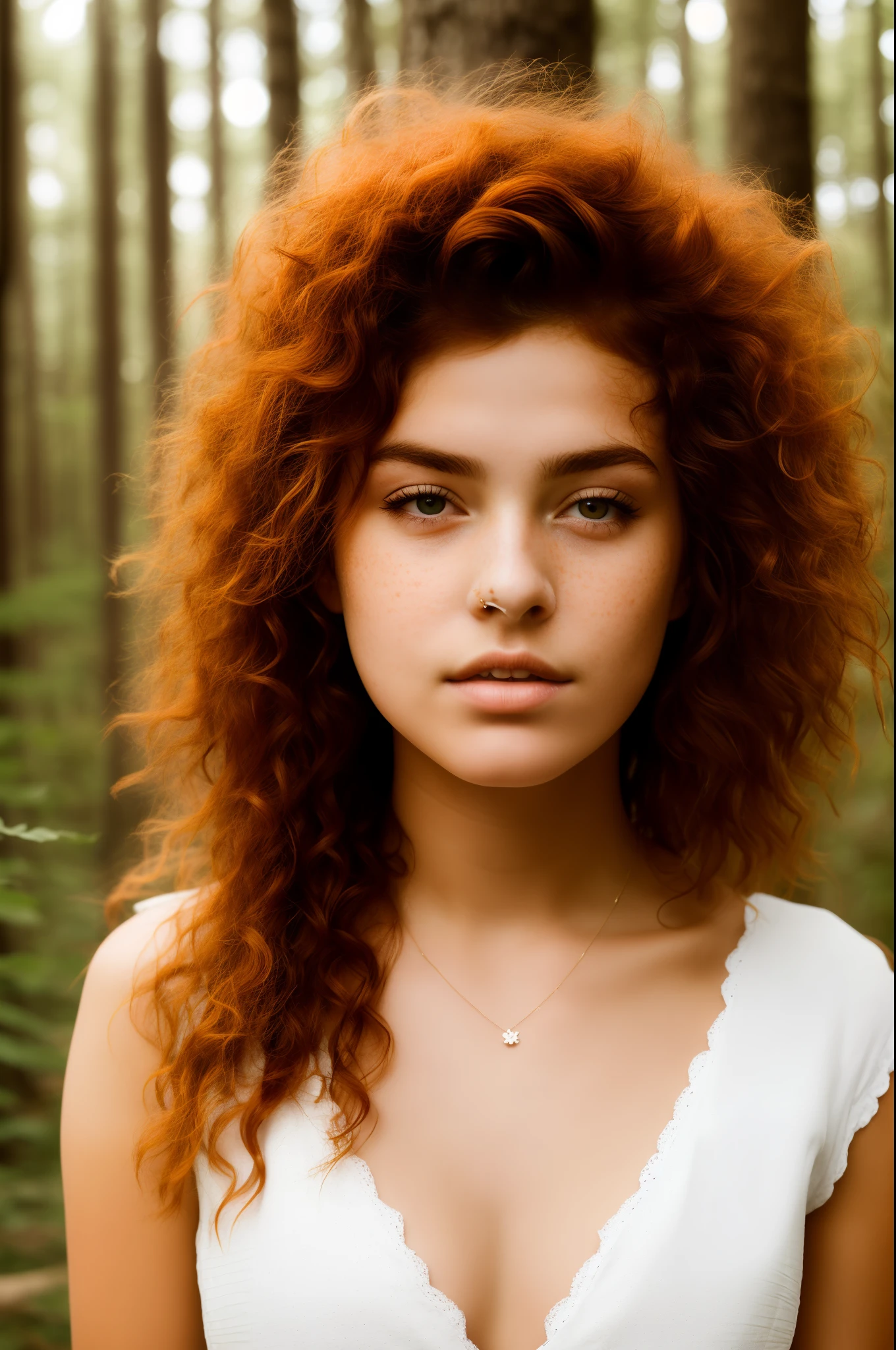 raw, a photo of a seductive ager with loose styled, (redhead hair:1.2), she is wearing a cotton dress, in a forest, feet on the ground, showing her cleavage, focus on her mascara, fullbody shot, (textured skin, skin pores:1.1), (moles:0.8), imperfect skin, goosebumps, flawless face, (light freckles:0.9), (sun-kissed:1.1), ((photorealistic):1.1),