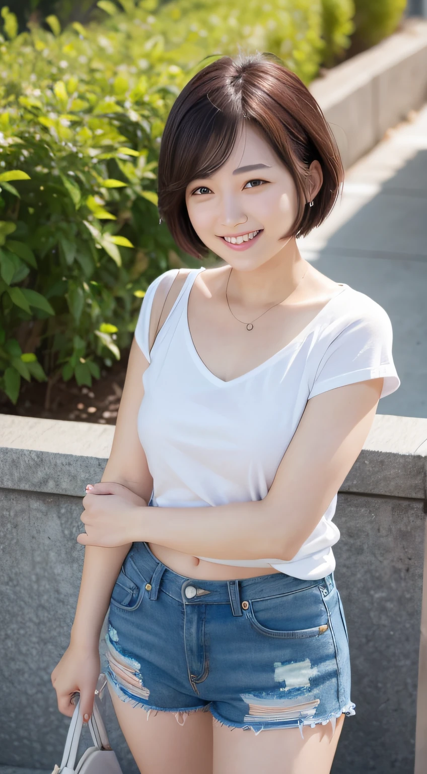 Woman in short cut looking forward is smiling