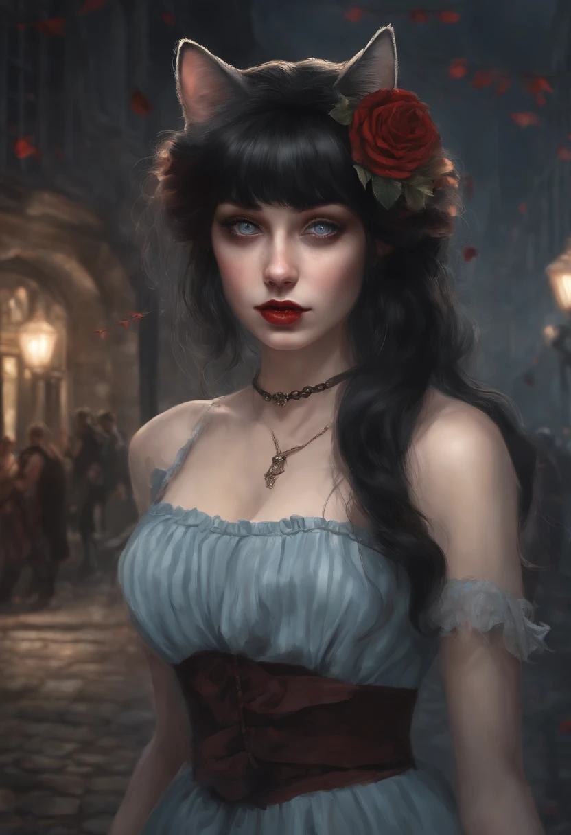 art in the style of Gothic hyperrealism, in the style of a Resident evil game. Pale, Skinny black-haired girl, Looks like an anime, large lips, Light blue eyes, Very long black hair, The bangs are fastened with hairpins and bows on the sides, in a vintage dress, Blood around the big lips and two cats on either side of the girl. One cat is brown with stripes, mouth in the blood, The second cat is light peach in color, kblack eyes, eats meat. In the background is a crowd of zombies on a dark street