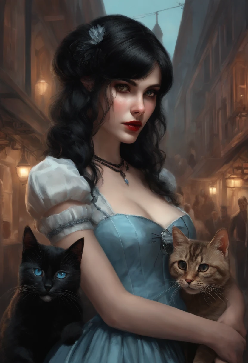 art in the style of Gothic hyperrealism, in the style of a Resident evil game. Pale, Skinny black-haired girl, Looks like an anime, large lips, Light blue eyes, Very long black hair, The bangs are fastened with hairpins and bows on the sides, in a vintage dress, Blood around the big lips and two cats on either side of the girl. One cat is brown with stripes, mouth in the blood, The second cat is light peach in color, kblack eyes, eats meat. In the background is a crowd of zombies on a dark street