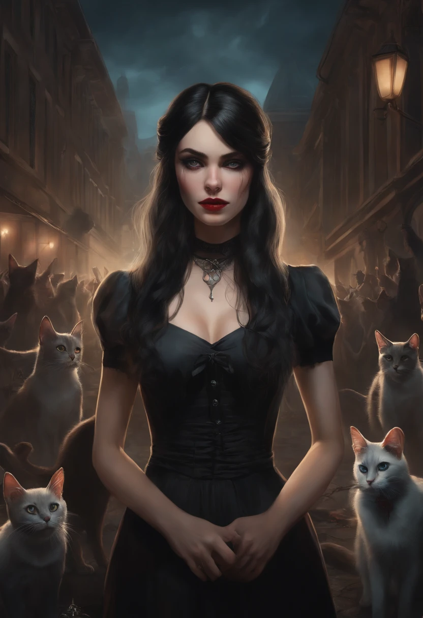 art in the style of Gothic hyperrealism, in the style of a Resident evil game. Pale, Skinny black-haired girl, Looks like an anime, large lips, Light blue eyes, Very long black hair, The bangs are fastened with hairpins and bows on the sides, in a vintage dress, Blood around the big lips and two cats on either side of the girl. One cat is brown with stripes, mouth in the blood, The second cat is light peach in color, kblack eyes, eats meat. In the background is a crowd of zombies on a dark street