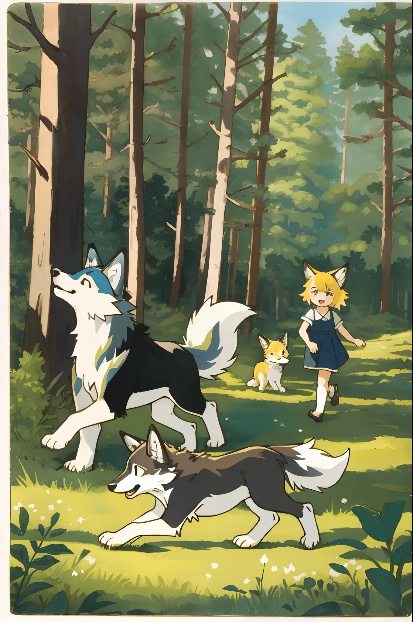 Simple design, Flat design, postcard, greeting card, girl frolicking with wolves in the forest,