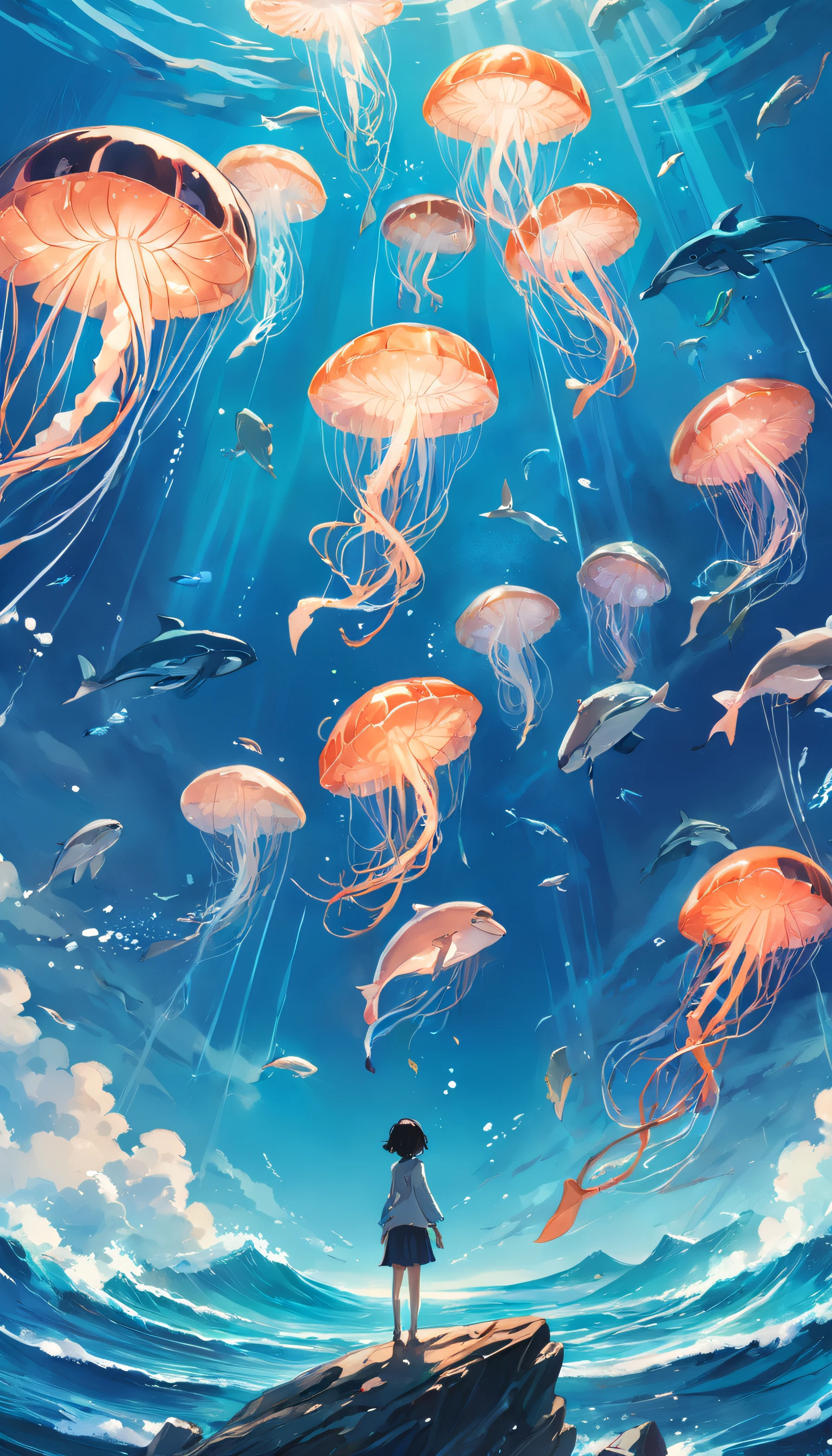 Pintura de um golfinho nadando no oceano colorido, Look up at the composition, Jellyfish and Whales of the Sky, inspirado em Cyril Rolando, a beautiful artwork illustration, autor:Shitao, arte conceitual colorida, Makoto Shinkai Cirilo Rolando, ao estilo de Cyril Rolando, Baleia voadora, Aquarela altamente detalhada 8K, Aquarela altamente detalhada 8 K,octano,Fim,Realistic,8k,Estilo Makoto Shinkai( Reasonable design, linhas claras, Alta nitidez,best quality, Very detailed, master part, Efeito de luz do filme, 4k )