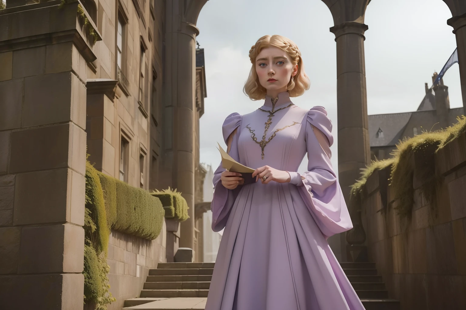 year: 2023. Location: Scotland. Pre-Raphaelite scene with Elizabeth Debicki, wearing a (modern) dress, inside a castle, holding a parchment roll, ((menacing look)) ((evil look)), ((((gala Clothing from the 2020s)))) ((Hairstyle of the 2020s)), pastel colors, (((cinematic style)))