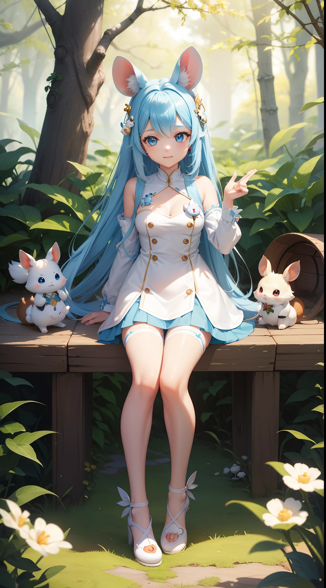 A white rabbit with carrots and long ears, Long white ears、I'm with a girl with long blue hair and chibi characters。This is a lovely white and blue costume。Dark eyes。cute forest creature, Cute mushrooms also grow、lovely digital painting, Cute detailed digital art, the squirrel king, adorable digital art, Cute cartoon characters, cute character, adorable creature, cas, official illustration, offcial art, squirrels, maplestory mouse, astri lohne, Cute 3d render