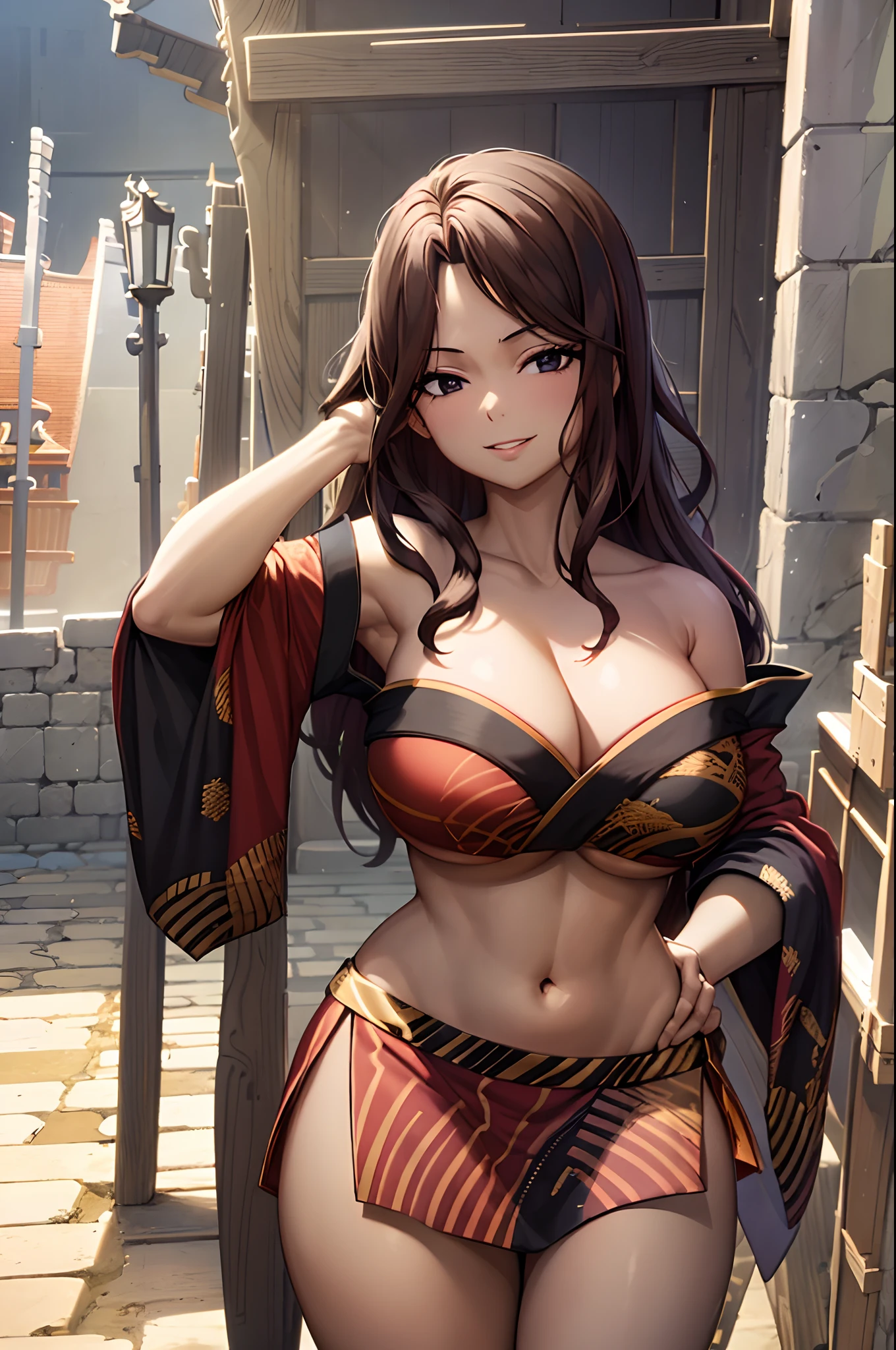 masterpiece, high quality, 8k, best qualitymasterpiece, cinematic lighting, in front of the temple, wear a kimono, off shoulder,cleavage, big boobs, extremely detailed CG unity 8k wallpaper, canarnd, 1girl, mature female,smile, parted lips, looking at viewer,