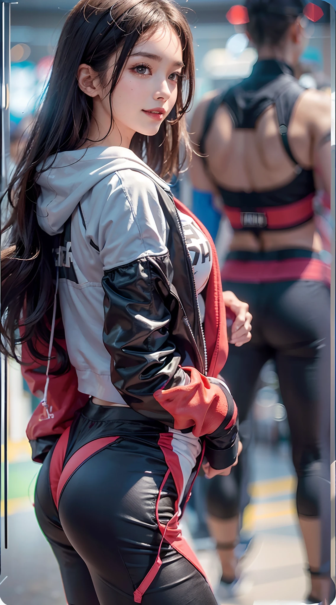 facing back, Buttocks close up, Sportsbra, Running shorts, Joggers, Training room, sports gym, Smiling smile, (The FW), 1womanl, 独奏, 24 year old, 7headed body, (Ideal ratio body proportions), (Composition from head to thigh), erectile nipple, Sexy body, Wet, short-hair, small tits, A slender, Small buttocks, beauty legs, Skinny Legs, surrealism, Cinematic lighting, depth of fields, One-person viewpoint, F/1.8, 135 mm, nffsw, masutepiece, ccurate, ((Anatomically correct)), Textured skin, Super Detail, high details, High quality, awardwinning, Best Quality, hight resolution, 8K