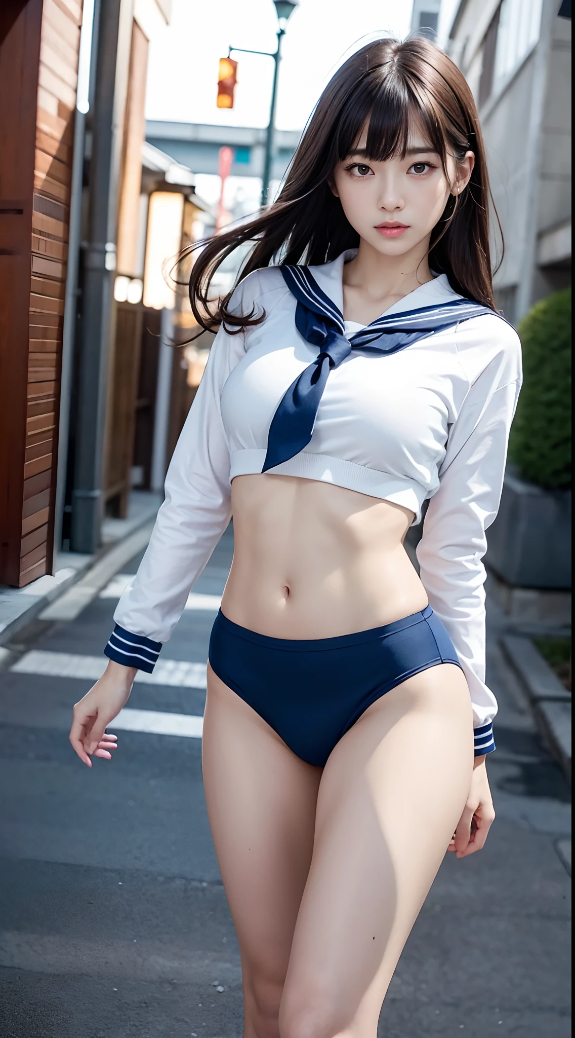 (​masterpiece:1.3), (8K, Photorealsitic, Raw photography, Top image quality: 1.4), japanes, (1girl in), beauitful face, (Lifelike face), Beautiful hairstyle, realisticeyes, Eyes in Beautiful Details, (real looking skin), Beautiful skins, enticing, 超A high resolution, A hyper-realistic, high detailing, the golden ratio, (Detal Face:1.2), see the beholder,masutepiece, Best Quality, Ultra-detailed, finely detail, hight resolution, Composition of the whole body、Open Legs Pose、Bold legs open、Beautiful detailed eyes, fitness wear, Natural Color Lip,Photorealsitic、realisitic、独奏、Photorealsitic、top-quality、extra detailed face、extremely detailed eye and face、beatiful detailed eyes、absurderes、incredibly absurdness、hair messy、Floating hair、Brown hair、Wavy hairstyle、Middle hair、(extremely details CG、8K Picture Wallpaper)、(extremely delicate and beautiful)、(​masterpiece)、(top-quality:1.0)、(超A high resolution:1.0)、beautiful  lighting、perfect lightning bolt、realistic shadow、[hight resolution]、Detailed skin、ultra-detailliert、detailed faces and eyes、Realistic eyes、Sharp pupils、beauitful face、plein air、Downtown Japan、In the hustle and bustle、blurry backround、shinny skin、Blunt bangs、Red Eye、(Sailor Suit 1.2)、Sailor suits have long sleeves、Super high quality photos, The 8k quality, Outdoors, Full body composition, looking in camera, Japan 20-year-old woman, Perfect beauty, Pore-visible texture, Perfect facial features, clear bare skin, clear bare skin, Beautiful toned body, muscular, slender, Poor breasts, Toned buttocks with small breasts、small ass、 Bloomers (Bloomers in Japan School, Seamless design, Monochromatic bloomers, Bloomers are dark blue, tight fitted、Bloomers are elastic fabrics、The length of the bloomer is from the navel３ｃｍThe following degrees, )Legs wide open、、deadpan、(Face turned to the side、)