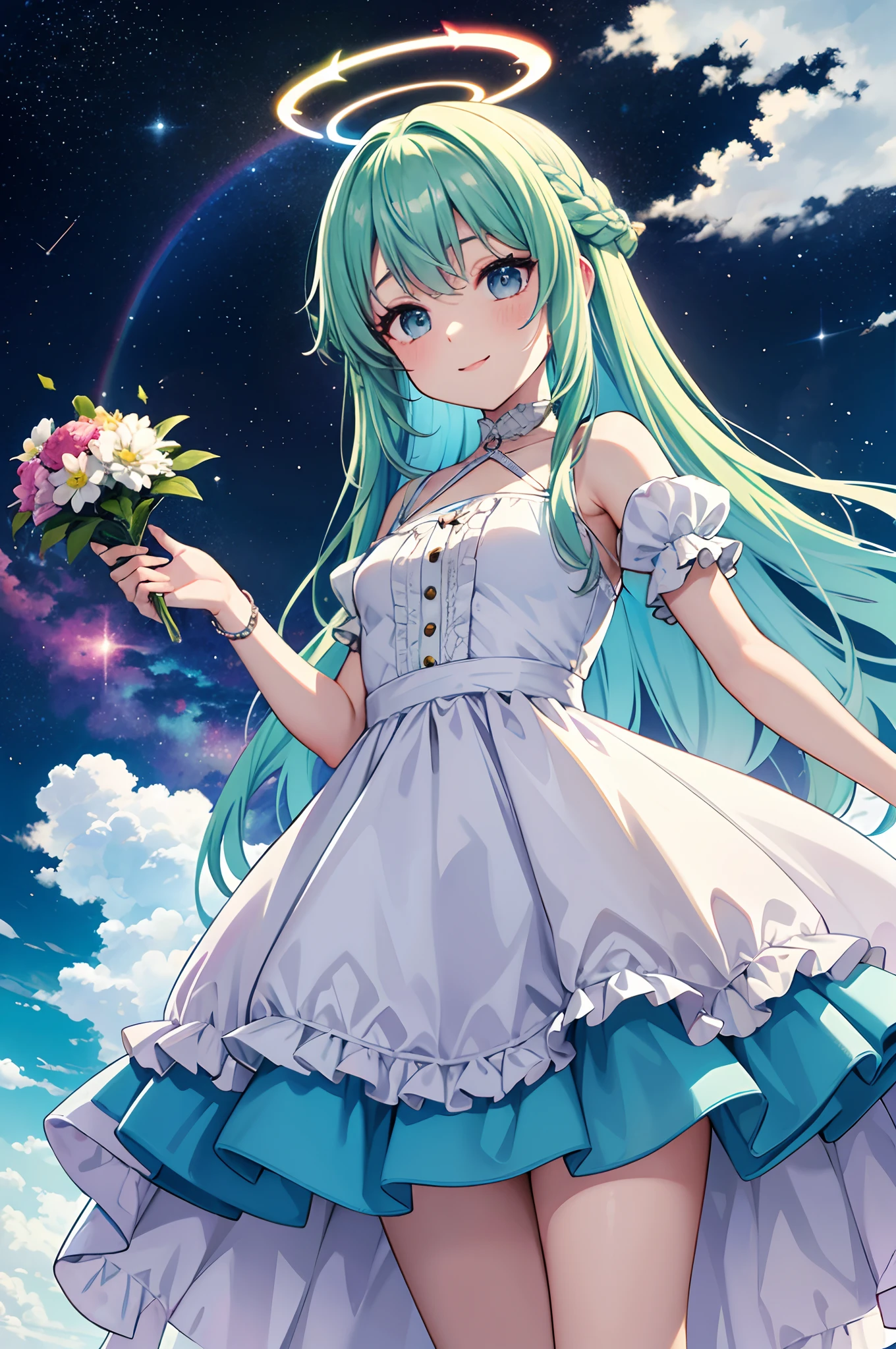 (thick thighs), (Curve), Green grass hair, (Black eyes), 1 girl, pale skin, (Two-tone hair), Eyelashes, Smile, gleaming skin, Light blue long hair, Twin-tailed、nigh sky, nebulas, Galaxy, (Stars, inner strength), looking at you, Anime, beautiful anime eye, Beautiful detailed eyes, Eyes, Glittering eyes, (neons), Angelic, Halo, Flowers, (Colorful hair, rainbow hair, Liquid, Water, cloud, starrysky), Sleepy eyes), (lolita dress, detailed dress, Cute dress, fuffy dress,), Anime, rainbows, Style, (Flat)