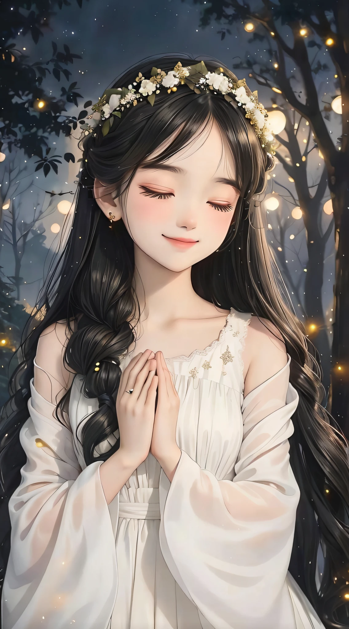 Close-up of a girl in a white dress wearing a flower crown, Beautiful anime girl, Anime girl with long hair, a beautiful anime portrait, Cute anime girl, pretty anime girl, Realistic cute girl painting, Guviz-style artwork, Guviz, Beautiful anime woman, Beautiful character painting, Beautiful anime style, anime visual of a cute girl