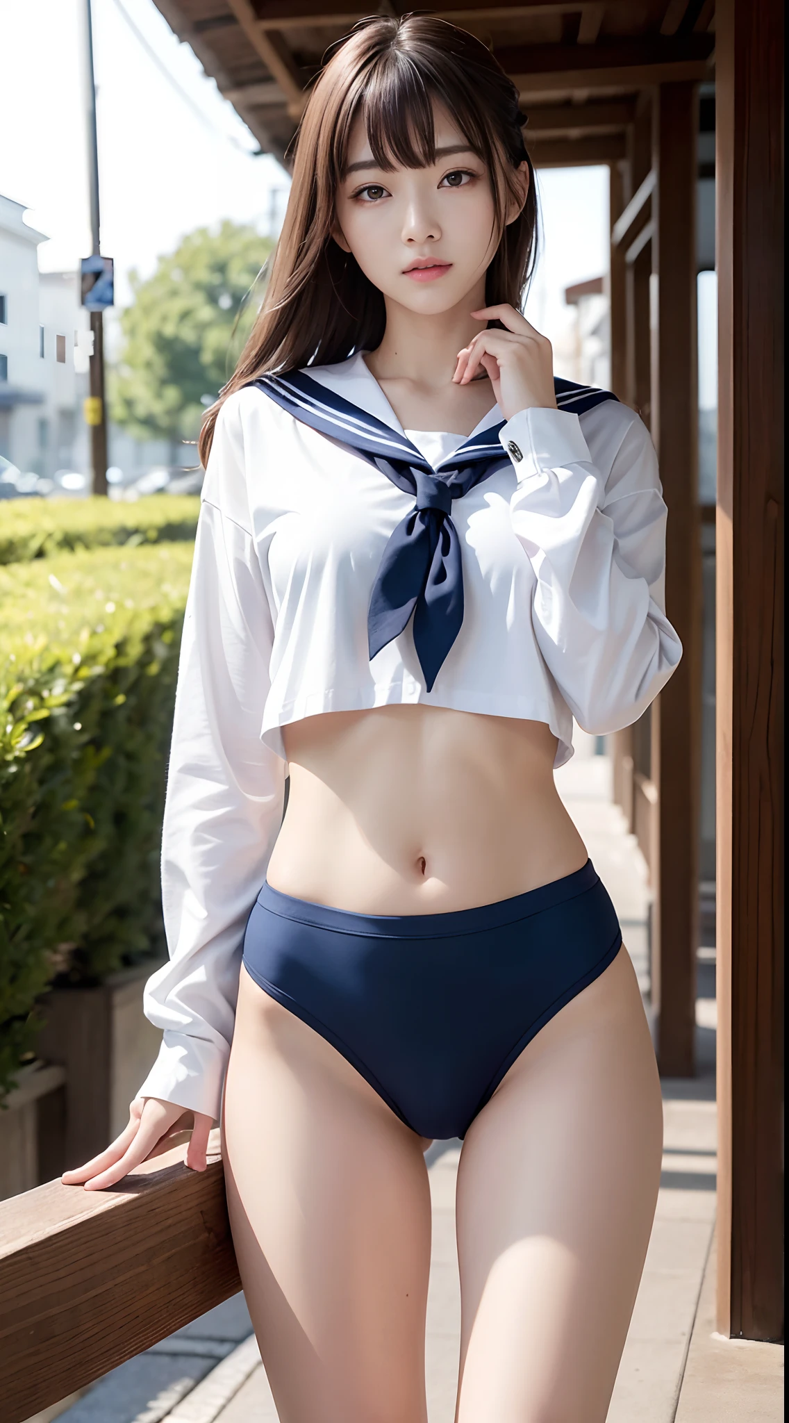 (​masterpiece:1.3), (8K, Photorealsitic, Raw photography, Top image quality: 1.4), japanes, (1girl in), beauitful face, (Lifelike face), Beautiful hairstyle, realisticeyes, Eyes in Beautiful Details, (real looking skin), Beautiful skins, enticing, 超A high resolution, A hyper-realistic, high detailing, the golden ratio, (Detal Face:1.2), see the beholder,masutepiece, Best Quality, Ultra-detailed, finely detail, hight resolution, Composition of the whole body、Open Legs Pose、Bold legs open、Beautiful detailed eyes, fitness wear, Natural Color Lip,Photorealsitic、realisitic、独奏、Photorealsitic、top-quality、extra detailed face、extremely detailed eye and face、beatiful detailed eyes、absurderes、incredibly absurdness、hair messy、Floating hair、Brown hair、Wavy hairstyle、Middle hair、(extremely details CG、8K Picture Wallpaper)、(extremely delicate and beautiful)、(​masterpiece)、(top-quality:1.0)、(超A high resolution:1.0)、beautiful  lighting、perfect lightning bolt、realistic shadow、[hight resolution]、Detailed skin、ultra-detailliert、detailed faces and eyes、Realistic eyes、Sharp pupils、beauitful face、plein air、Downtown Japan、In the hustle and bustle、blurry backround、shinny skin、Blunt bangs、Red Eye、(Sailor Suit 1.2)、Sailor suits have long sleeves、Super high quality photos, The 8k quality, Outdoors, Full body composition, looking in camera, Japan 20-year-old woman, Perfect beauty, Pore-visible texture, Perfect facial features, clear bare skin, clear bare skin, Beautiful toned body, muscular, slender, Poor breasts, Toned buttocks with small breasts、small ass、 Bloomers (Bloomers in Japan School, Seamless design, Monochromatic bloomers, Bloomers are dark blue, tight fitted、Bloomers are elastic fabrics、The length of the bloomer is from the navel３ｃｍThe following degrees, )Legs wide open、、deadpan、(Face turned to the side、)