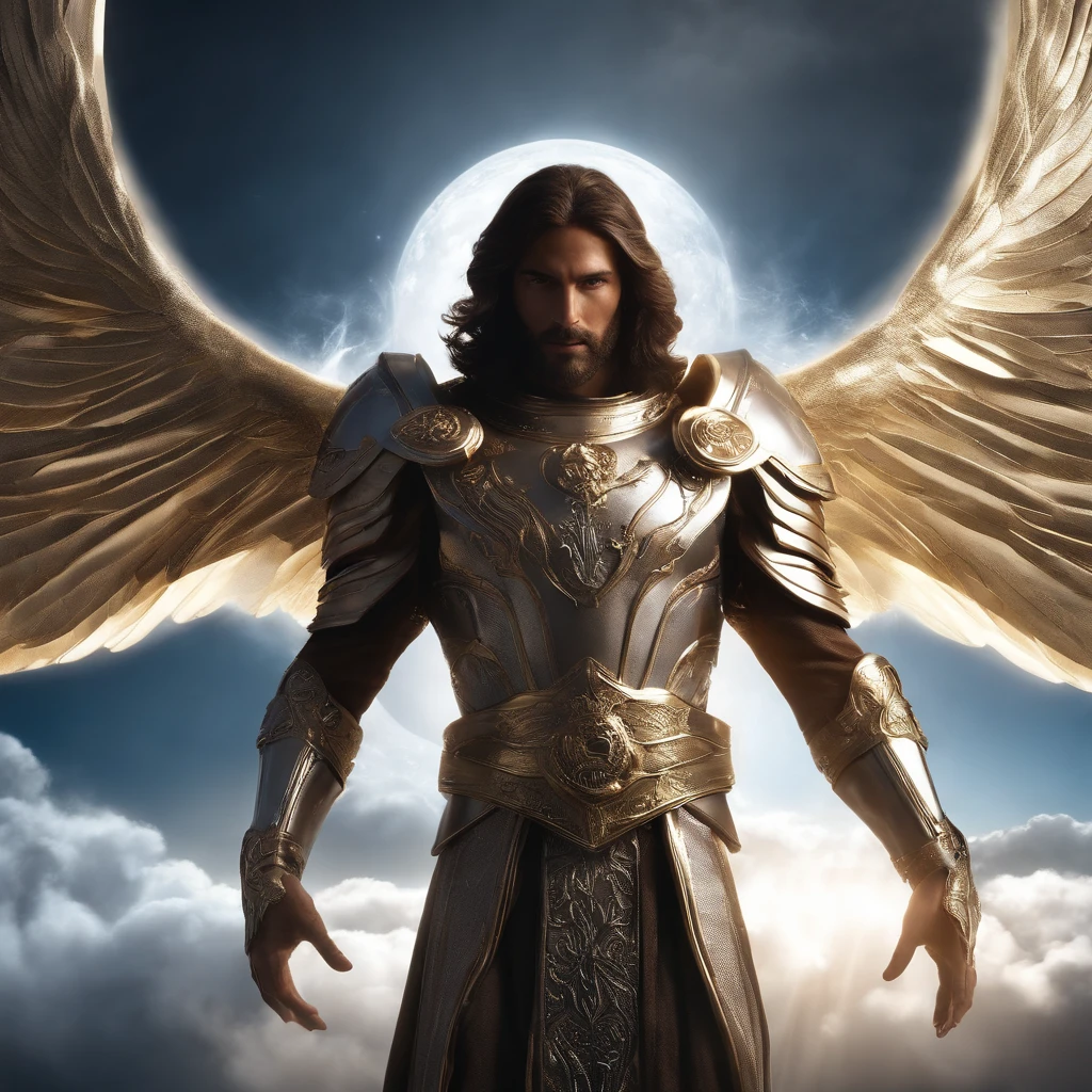 The image of a calm man in the midst of a crystal cloud (jesus christ, Son of God, In an elegant and striking pose in a futuristic combat suit, Ascend to heaven while staring at the camera;), White magic shining around, Brightness control, Light pitch, Light spells), 「High quality fantasy」a photo of a, Fantasy style 8k octane rendering, Elden Ring Cinematic Lighting, (octan render) fantasy-style, Unreal Motor Render Saint Seiya, picture of a male cleric, Dramatic epic movie lighting, Biblical Epic Movies, Fantasy character octane rendering, Magnificent scene of Jesus Christ