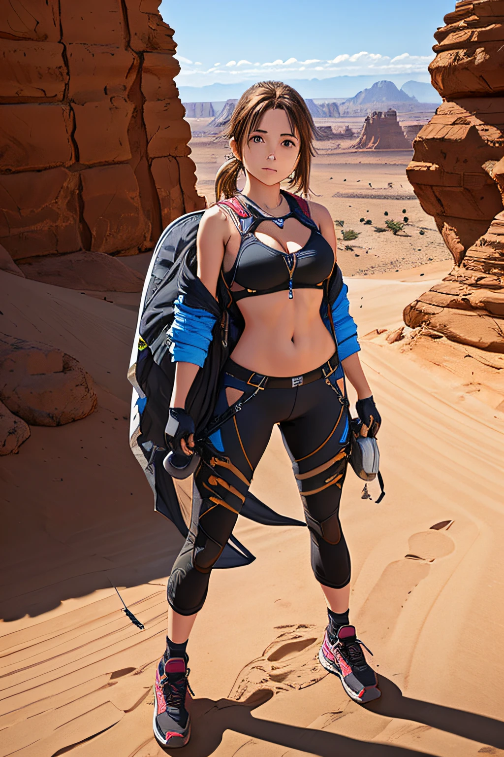 girl in desert with action sport clothes, full body portrait, functional clothes, her clothes are equipped with hanging straps, Breast cleavage showing, straps like for parachuting, face, body portrait, standing, small tits, small head