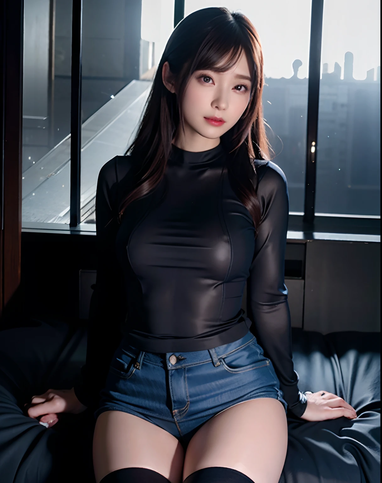 Tops printed in gothic、long Sleeve T-Shirt、Loose-sized baggy T-shirt、Long shirt、Long T-shirt、A slight smil、Transcendent beauty、Dark Gothic Makeup、Sweat glistens on the face、Heavy sweat on the thighs glows、My whole body is shiny with sweat.、Long hair straight hair、Brown hair、Slender system、Transcendently cute face、is standing、tight foot thickness、Dark black knee-high socks、Dark black thigh socks、Dark blush、masterpiece、8K、Darker black eyeshadow、age19、wretched、Super large long shirt、Tuckout、Gothic room space、Stained glass background、My thighs glow sticky.、Shirt is tucked out、Sweat a lot throughout the body、chies、Too large tops、Glistening sweat in large quantities on the thighs、a smile、Underwear black、Glamour、Transcendent Denim Short、Denim length super short、Mini Hot Pants、Tight denim、