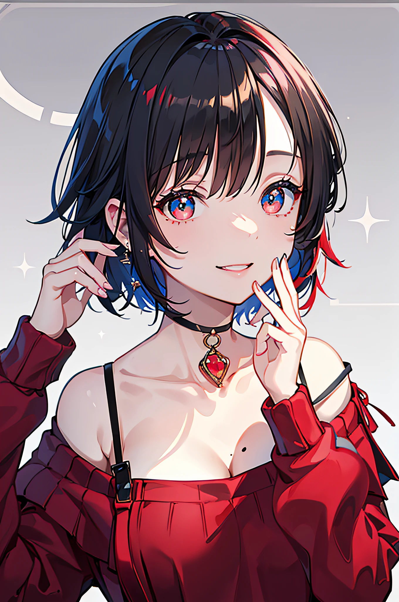 (Masterpiece: 1.3), (8k, Photorealistic, RAW Photo, Best Quality: 1.4), (1girl), Beautiful Face, (Realistic Face), (Black Hair, Short Hair: 1.3), Beautiful Hairstyle, Bangs, Smile, Smile, Realistic Eyes, Gloss, Highlights, Highlights in the pupils, Eyelashes, Beautiful Detail Eyes, (Realistic Skin), Beautiful Skin, Transparency, Off Shoulder, Red Knit, Blue knitwear, black shoulder straps, shoulder straps, thick choker, bust, smile, tooth, absurdity, attractive, ultra-high resolution, ultra-realistic, high definition, golden ratio, crystal clear eyes, wet, mole, gaze on camera, ears, sparkle, long neck, double eyelids, big eyes, cheeks, gentle personality, charming personality, gentle, touching, overwhelming charm, bright personality