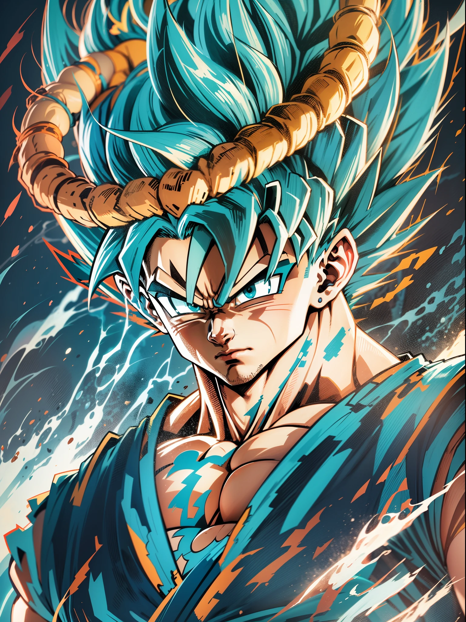 Goku, dragon ball super, japanese anime, toi animation, akira, super Saiyan blue, 24K HD graphics best quality, masterpiece, dragon ball super, vibrant glowing colors, blue hair warrior