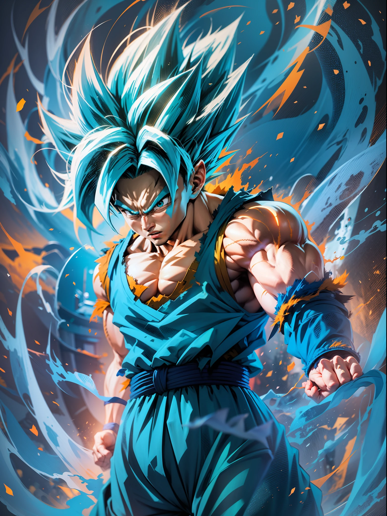 Goku, dragon ball super, japanese anime, toi animation, akira, super Saiyan blue, 24K HD graphics best quality, masterpiece, dragon ball super, vibrant glowing colors, blue hair warrior