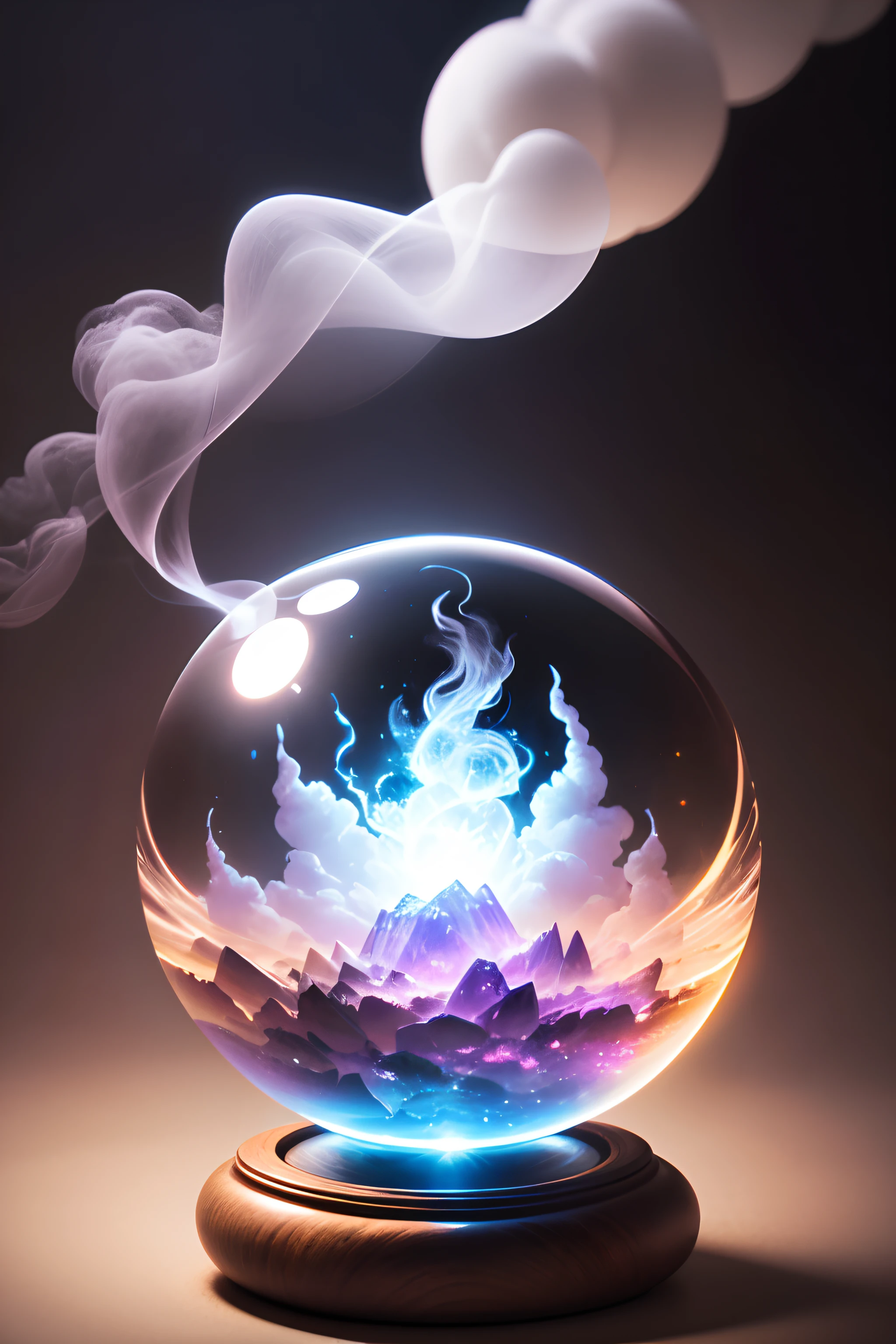 The photo shows a crystal ball emitting light and smoke, creating a magical atmosphere