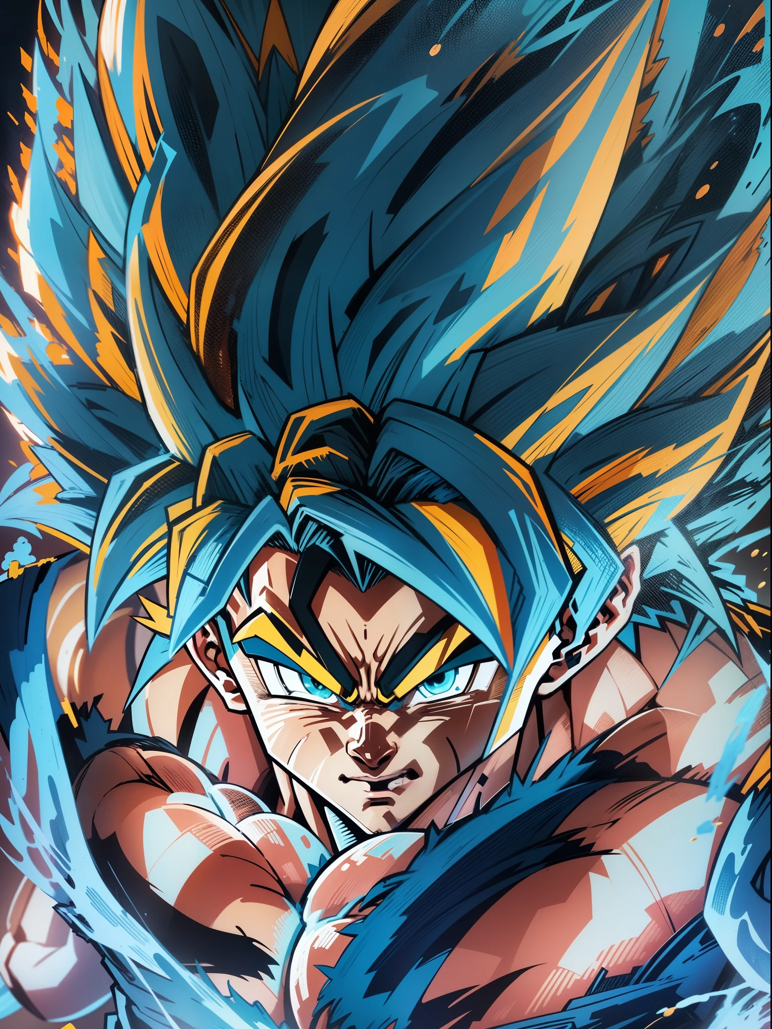 Close-up portrait of Goku, dragon ball super, japanese anime, toi animation, akira, super Saiyan blue, 24K HD graphics best quality, masterpiece, dragon ball super, vibrant glowing colors, blue hair warrior, blue thunder lighting collapse