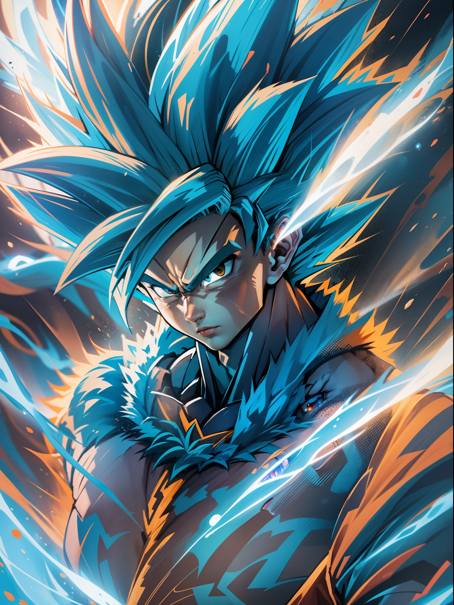 Close-up portrait of Goku, dragon ball super, japanese anime, toi animation, akira, super Saiyan blue, 24K HD graphics best quality, masterpiece, dragon ball super, vibrant glowing colors, blue hair warrior, blue thunder lighting collapse