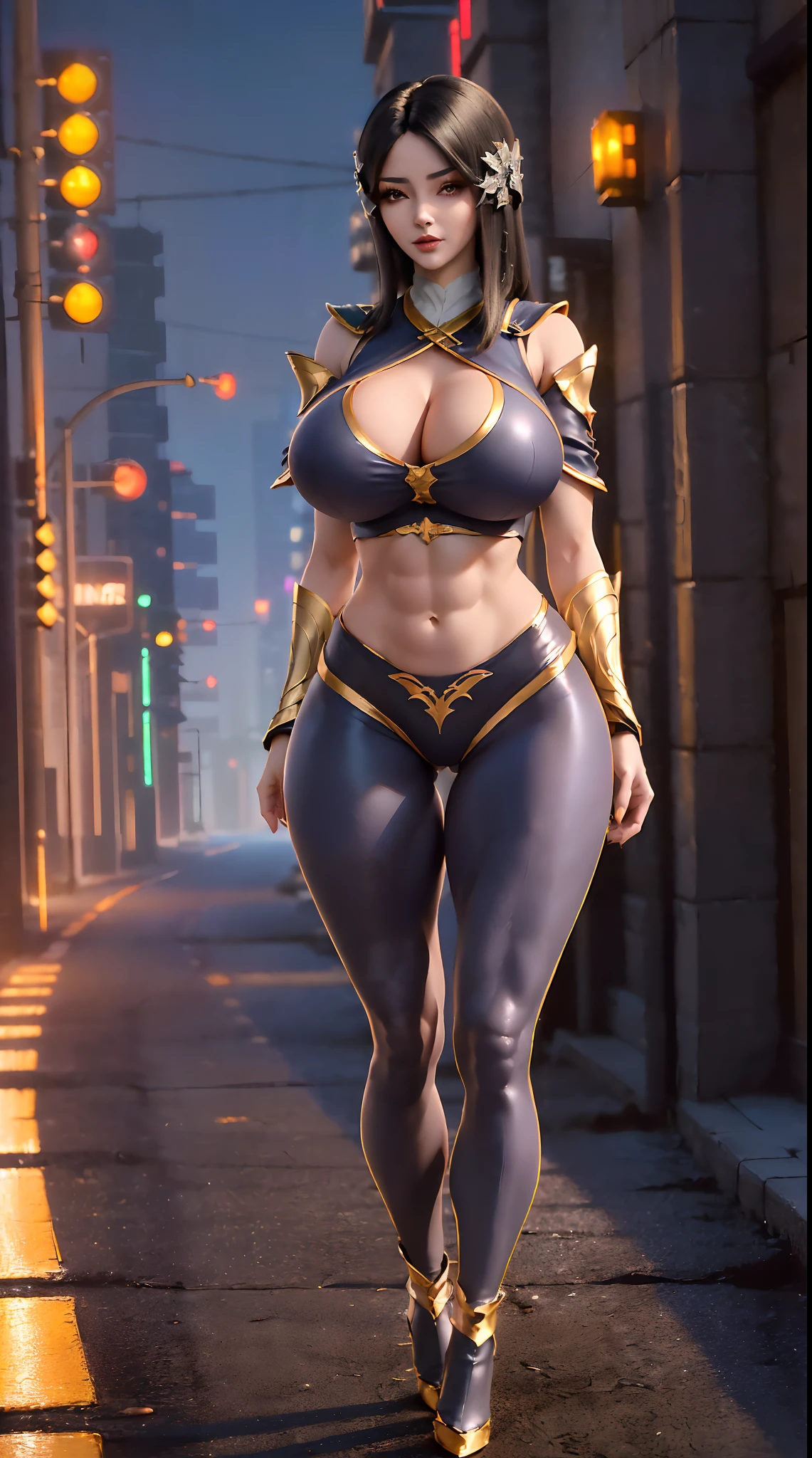 1GIRL, SOLO, HAIR ORNAMENT, (HUGE FAKE BOOBS:1.3), (SKINTIGHT CROP TOP, EMPRESS CLOAK:1.5, CLEAVAGE:1.2), (SKINTIGHT YOGA PANTS, HIGH HEELS:1.2), (SEXY BODY, MUSCLE ABS, LONG LEGS, FULL BODY VIEW:1.5), (LOOKING AT VIEWER:1.5), (WALKING DOWN STREET CYBER NIGHT CITY:1.2), ULTRA HIGHT DEFINITION, 8K, 1080P.