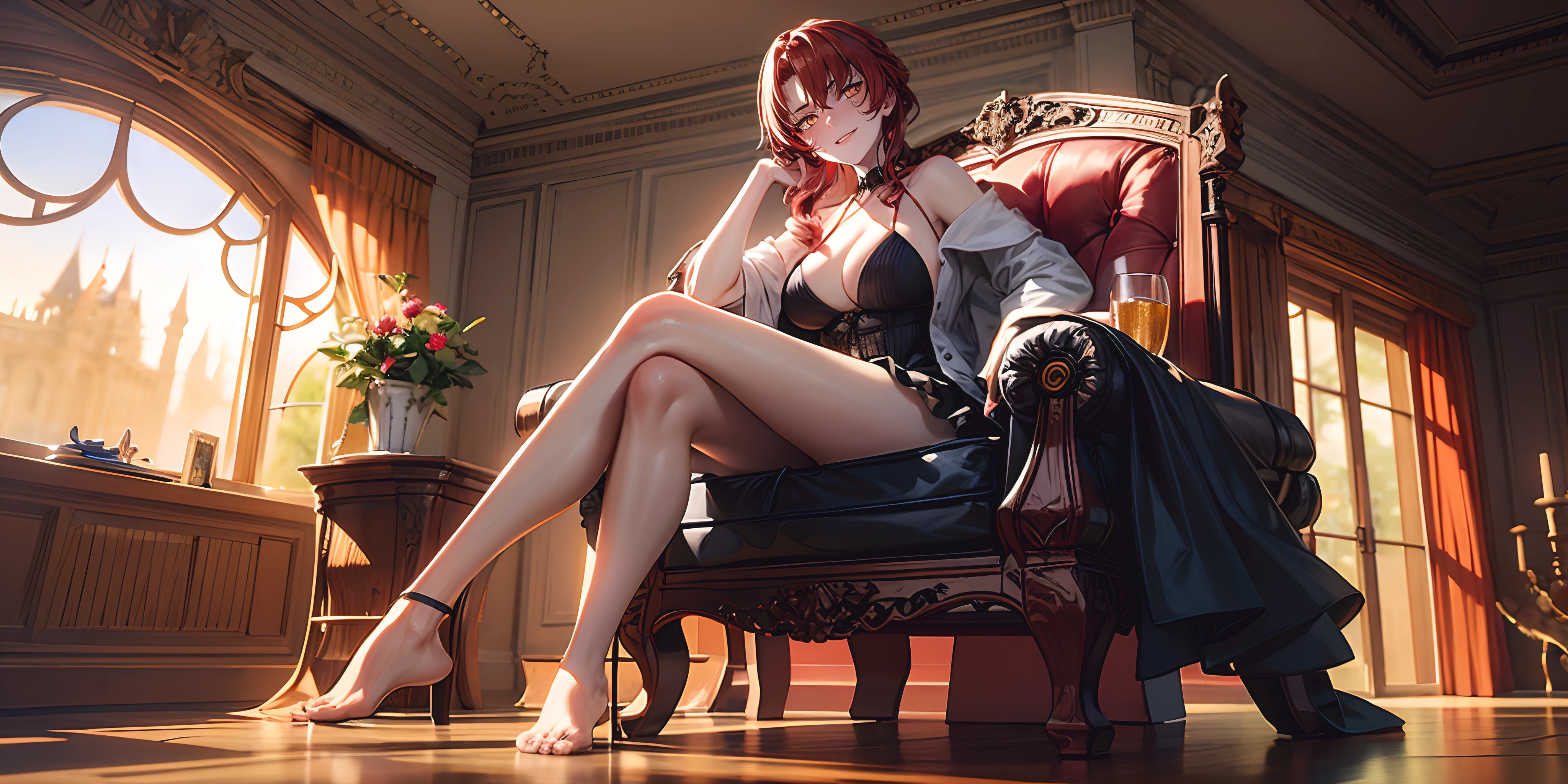 murata_himeko, (red hair, fold hair:1.6), forehead, yellow eyes, sweating, glowing eyes, heavy breathing, epic art, fantasy art, head rest, 1girl, breasts, crossed_legs, large_breasts, solo, indoors, sitting, feet, wet, barefoot, see-through, window, looking_at_viewer, thighs, legs, blush, cleavage, choker, jewelry, dress, glow effects, godrays, Hand drawn, render, 8k, octane render, cinema 4d, blender, dark, atmospheric 4k ultra detailed, cinematic, Sharp focus, big depth of field, Masterpiece, colors, 3d octane render, 4k, concept art, trending on artstation, hyperrealistic, Vivid colors, extremely detailed CG unity 8k wallpaper, trending on CGSociety, Intricate, High Detail, dramatic,