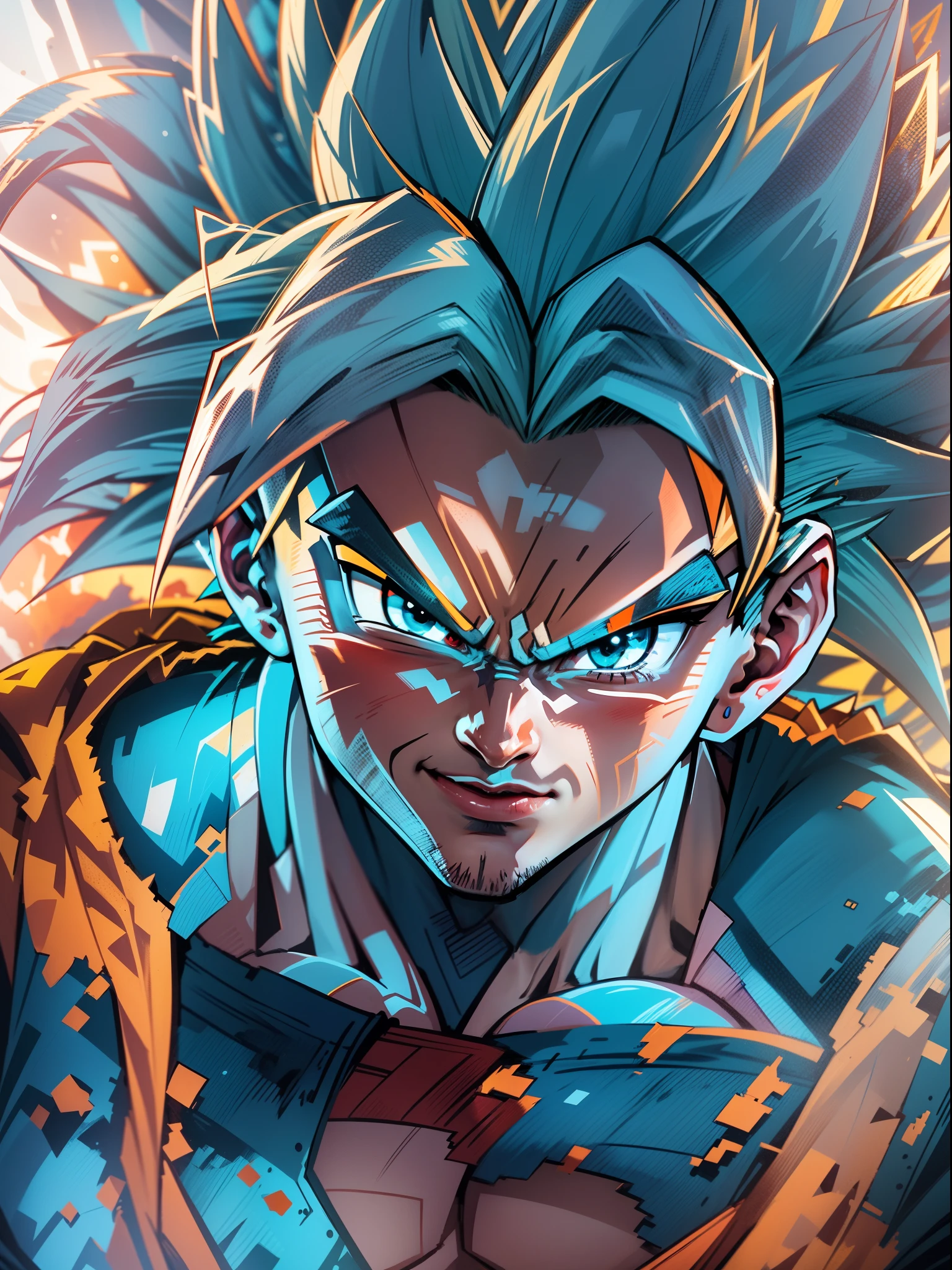 Close-up portrait of Goku, dragon ball super, japanese anime, toi animation, akira, super Saiyan blue, 24K HD graphics best quality, masterpiece, dragon ball super, vibrant glowing colors, blue hair warrior, blue thunder lighting collapse
