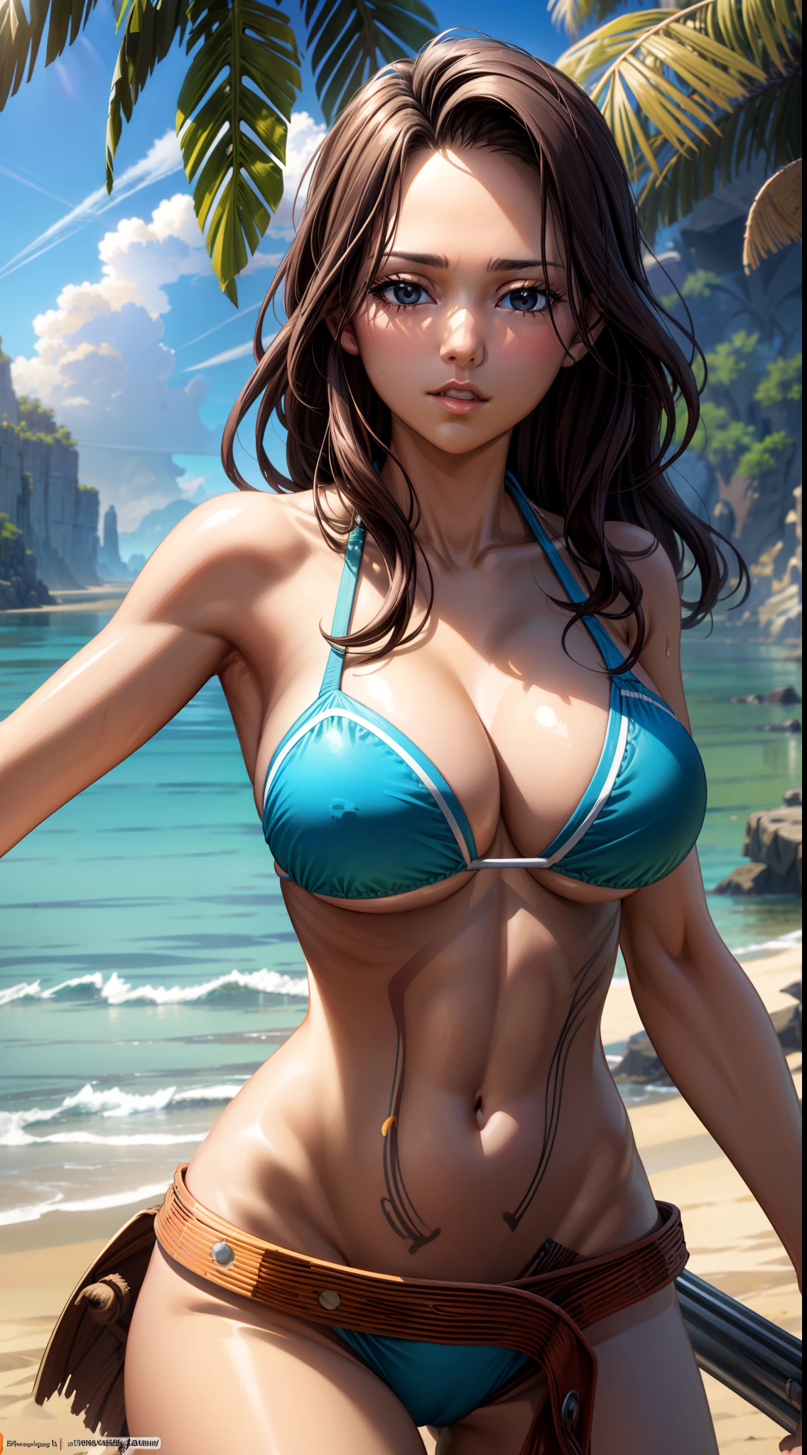 outdoors,morning,day, sunlight, looking at viewer,
Beach, bikini, big boobs, 1girl, masterpiece, absurdres , cinematic lighting,extremely detailed CG unity 8k wallpaper, cowboy shot,