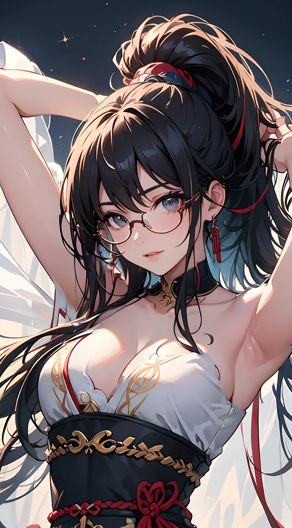 bare neck, perfect neck, no collar, no collared, bare shoulders, perfect shoulders, collarbone, detailed collarbone, no strap, strapless, no sleeves, sleeveless, bare arms, perfect arms, armpits, perfect armpits, clothes cutout, cleavage, cleavage cutout, overboob, large breasts, exposed breasts, exposing clothes, perfect breasts, no clothes, nude, no cover, white skin, intense bright, intense bright skin