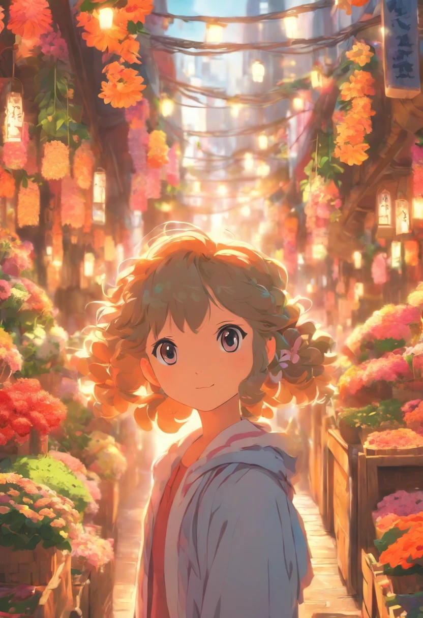 8 years old girl, The flower market sells flowers,streetview.