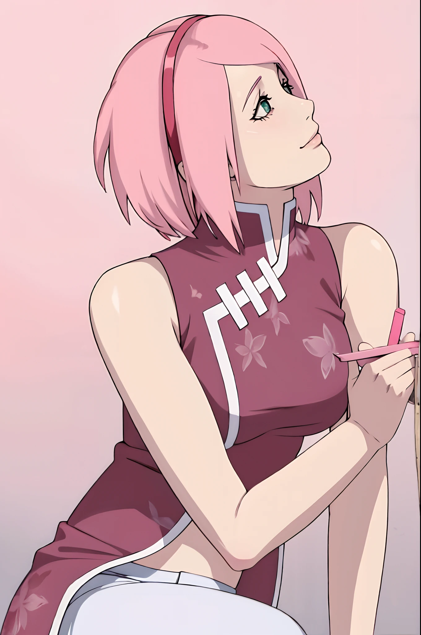 Sakura haruno, beautiful woman, pink hair, short hair, facing sideways, smiling, holding penis,