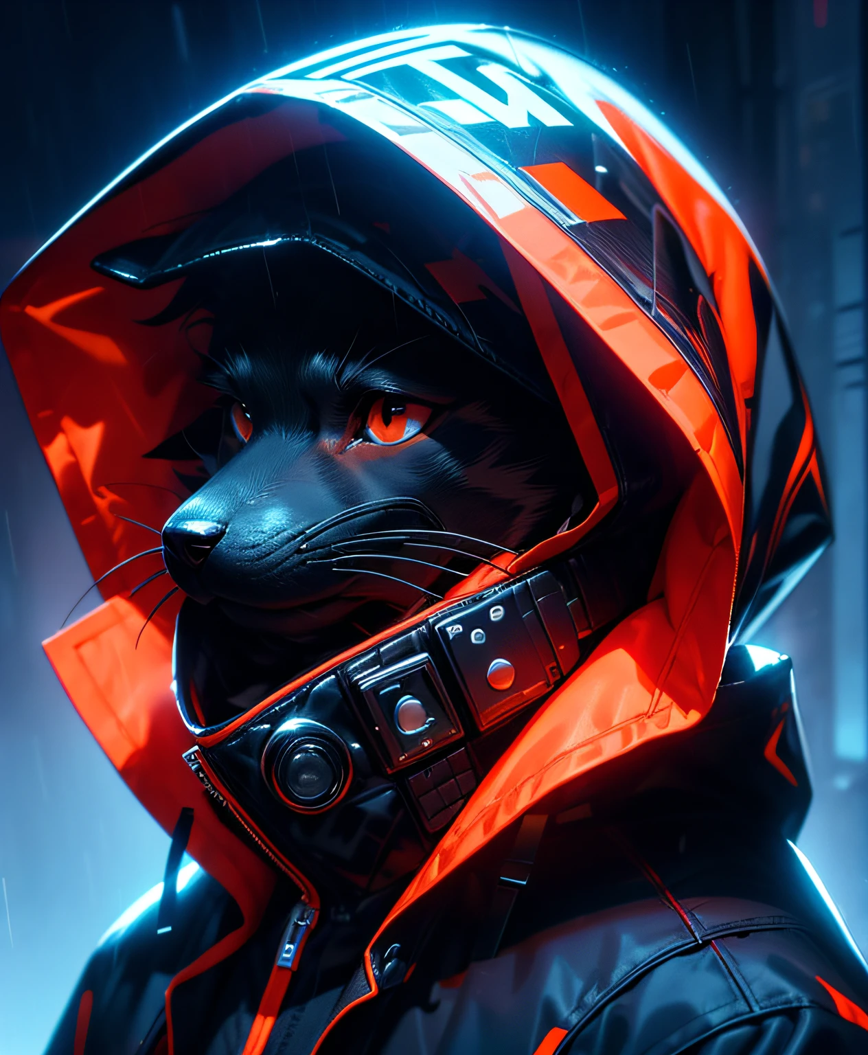 masutepiece, Best Quality, Solo, Rain, hoods, Furry, Hood Up, Jacket, Upper body, hooded jacket, Closed mouth, whiskers, raincoat, Doberman dog, Furry, Sagged ears, brue eyes, Portrait,masutepiece, Best Quality,Black trench coat，Orange pattern，White mask，Cyberpunk Personality