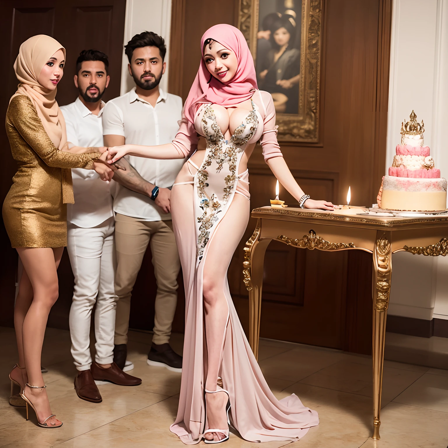 (masterpiece), best quality, expressive eyes, perfect face, Arabian, details, party,Birthday party, with mother and men surrounding her, Hijab, big titts, full body massage Dubai UAE, Cake birthday party , dress short,table, standing,  , ,strapon on the cake,    on the cake