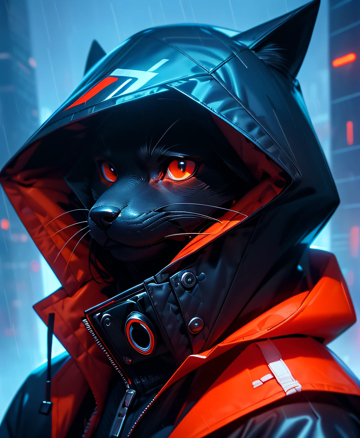 masutepiece, Best Quality, Solo, Rain, hoods, Furry, Hood Up, Jacket, Upper body, hooded jacket, Closed mouth, whiskers, raincoat, Doberman dog, Furry, Sagged ears, brue eyes, Portrait,masutepiece, Best Quality,Black trench coat，Orange pattern，White mask，Cyberpunk Personality