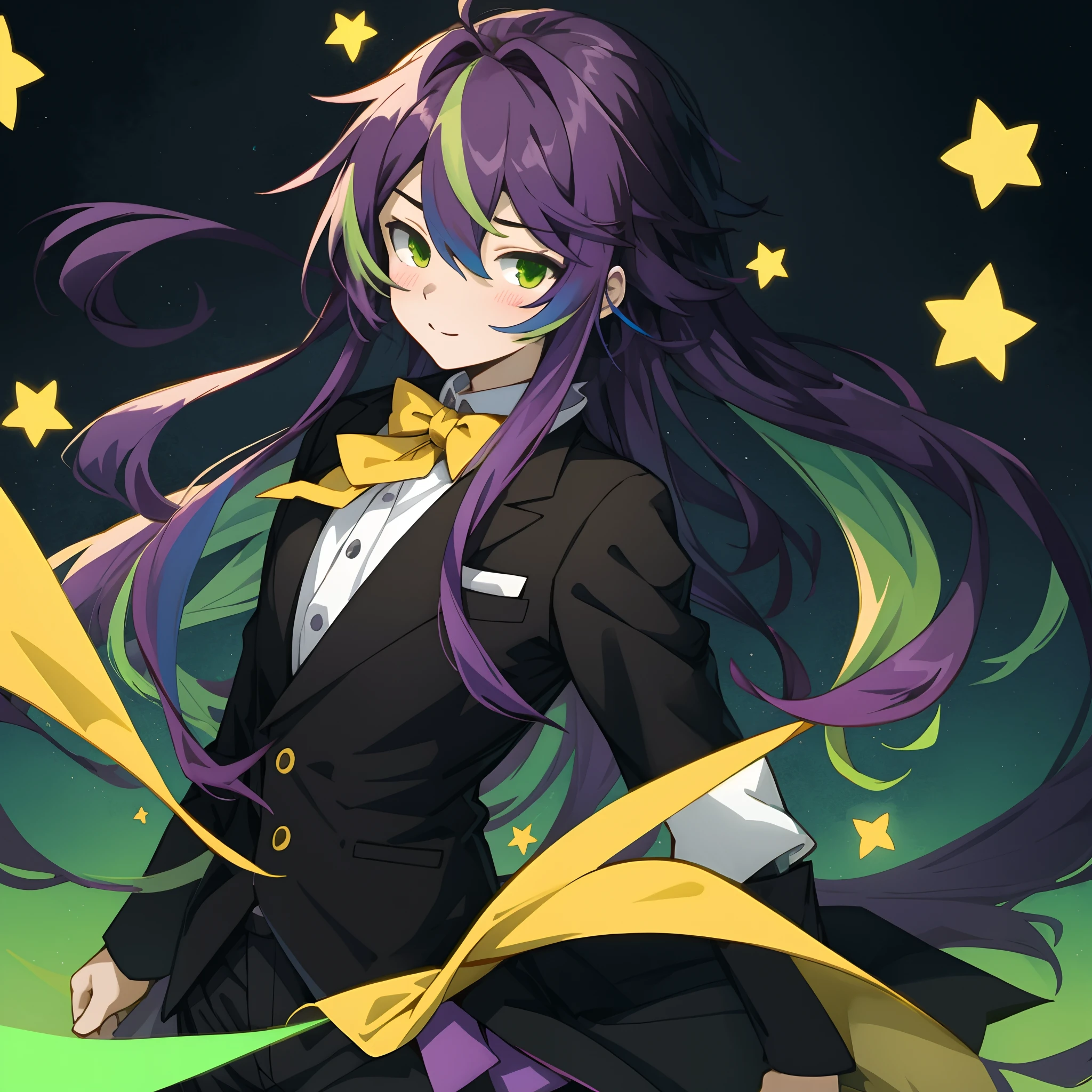An anime style illustration with a blurred out face, long hair with purple and green highlights, black and white outfit with a yellow bowtie, and a colorful background with stars and hearts,