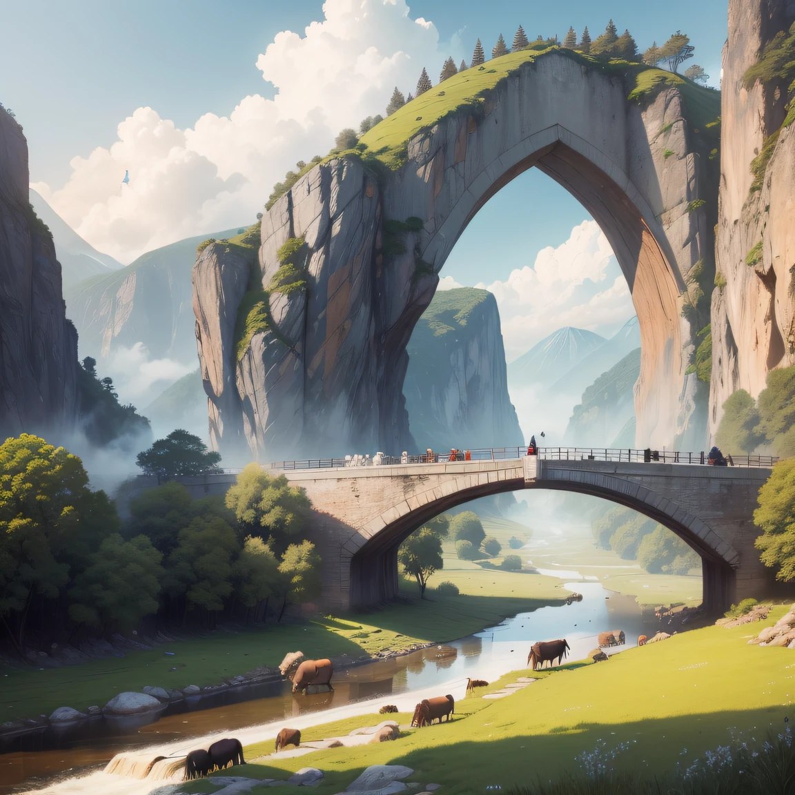Early Morning, Mountains, Foggy Farmers, Buffaloes, Stone Arch Bridges, Small Rivers, Rice Blossoms