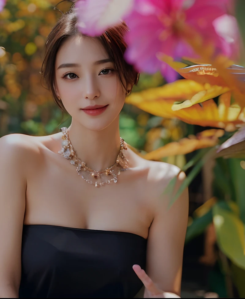 (top-quality、8k、masterpiece:1.3)、Beautiful Women in Perfect Figure:1.4、dark brown hair、extremely detailed face and skin、A detailed eye、二重まぶた、huge tit、a smile、g-cup