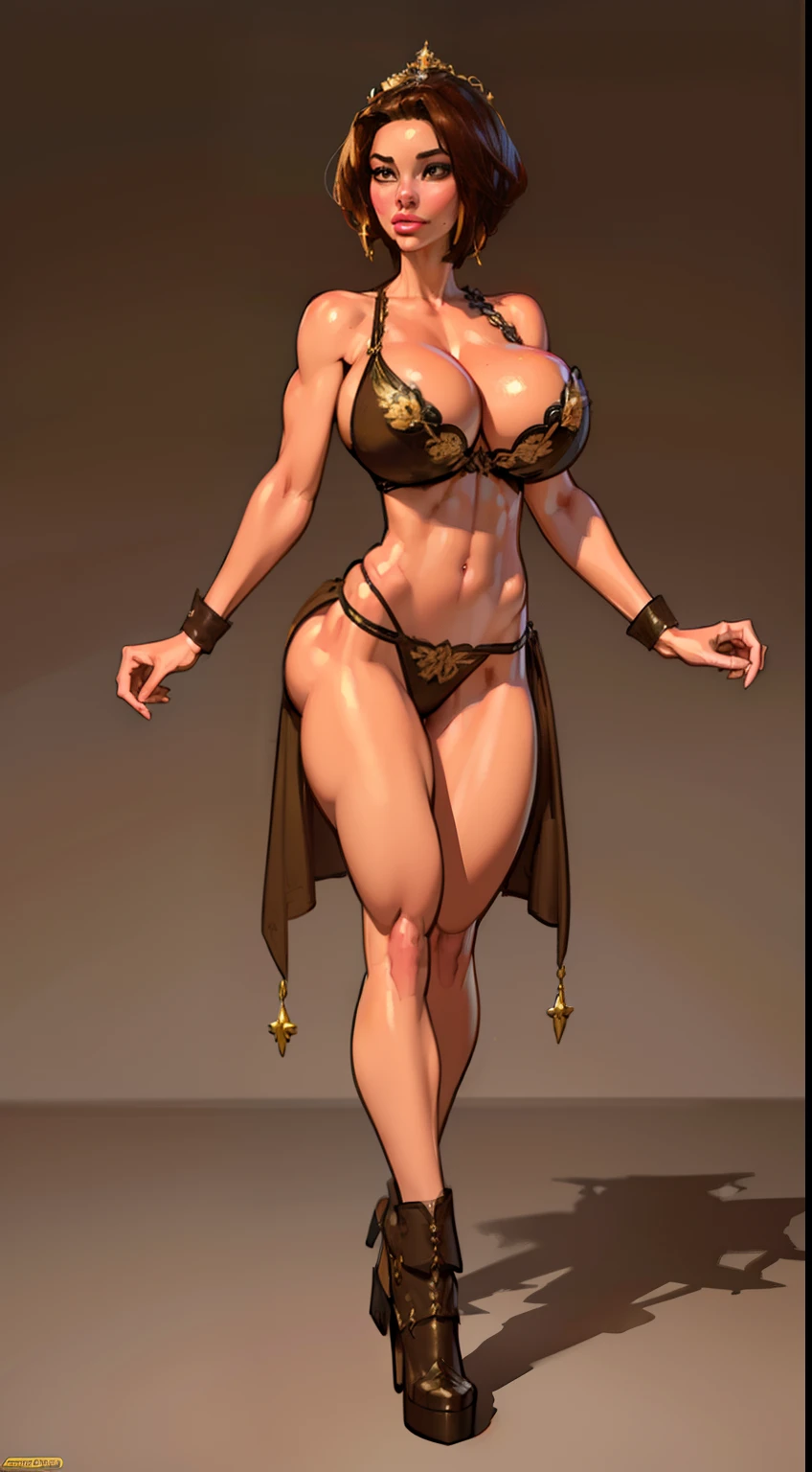 A shimmering tall blonde woman adorned in hues of gold and ripped loincloth (pixie haircut:1.5),big ass, looking back, emanating a futuristic elegance and technological marvel, masterpiece, 1girl, colored brown skin(brown skin:1.9), pelvic_curtain:1.1, bikini, large horns on head, bald head,no hair,walking Away, large breasts, large ass, intricate gold jewelry, golden pasties:1.5, gold armlet, detailed background, dystopian,huge breasts, tall physique, toned back muscles, pump boots, gold bra, gold tiara, exposed midriff, detailed eyes, ((slendered abs )),((huge breasts)), (full bodied), wide hips, (fake lips:1.5), slender abs,rim lighting, side light, cinematic light, ultra high definition, 8k, film grain,best shadow, light particles, detailed skin texture, detailed gem armor texture, detailed face, intricate details, super detailed, bright, spiked heel boots, hair, dynamic angle, mystical expression, fire glow effect, fantasy background, rim lighting, side light, cinematic light, ultra high definition, 8k, film grain,best shadow, light particles, detailed skin texture, detailed gem armor texture, detailed face, intricate details, super detailed, bright, strong, gold armor, cleavage, slender abs, (beautiful huge crown with detail)), shining eyes, fantasy, realistic, digital painting, artstation, concept art, smooth, sharp focus, illustration, extremely detailed CGI anime, hd, 2k, 4k background, art by artgerm and greg rutkowski and alphonse mucha, 8k, (gigantic and massive tits:1.1), breasts, curvy milf, 1:2), titsnipples,paint strokes art style