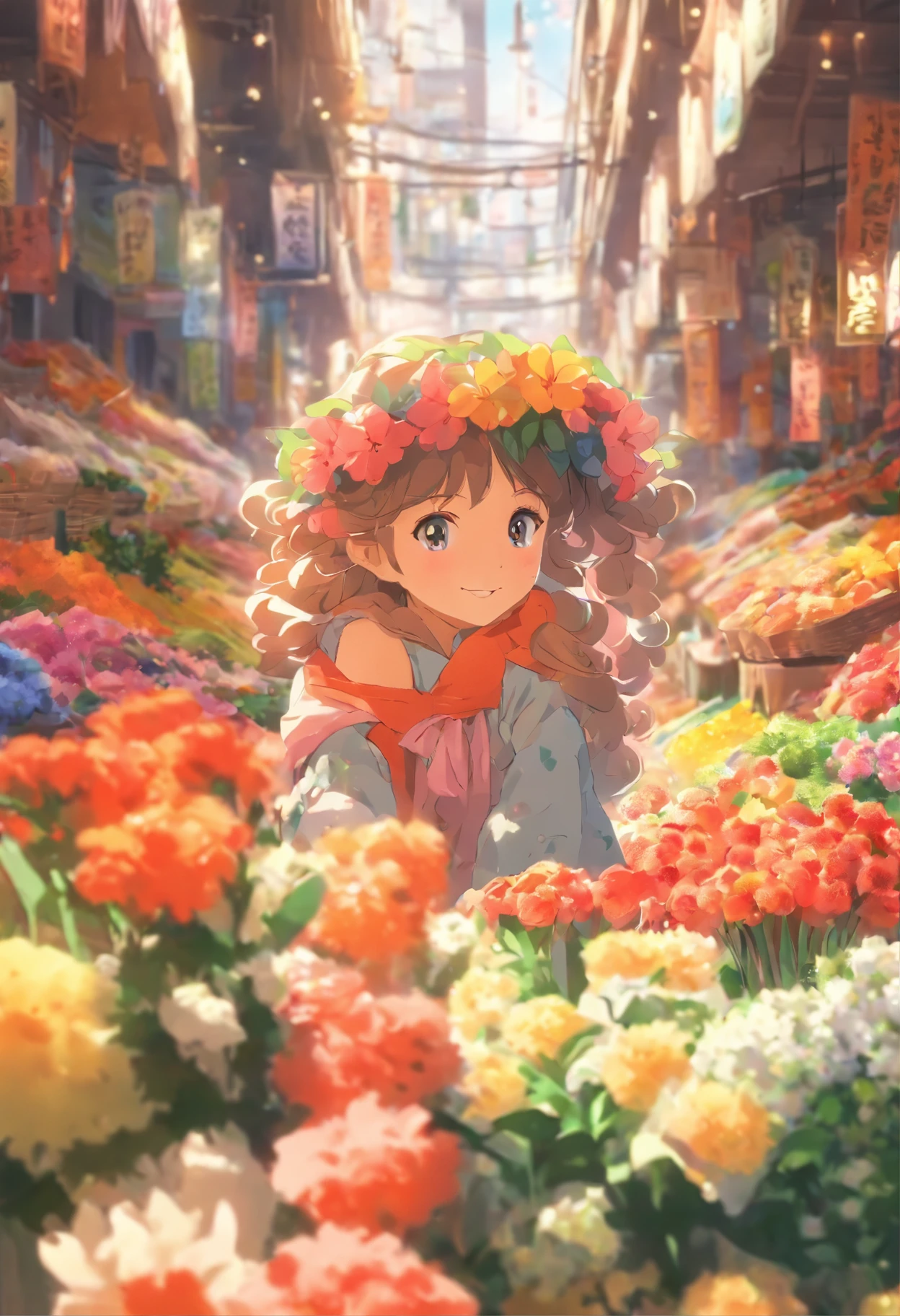  girl, The flower market sells flowers,streetview.